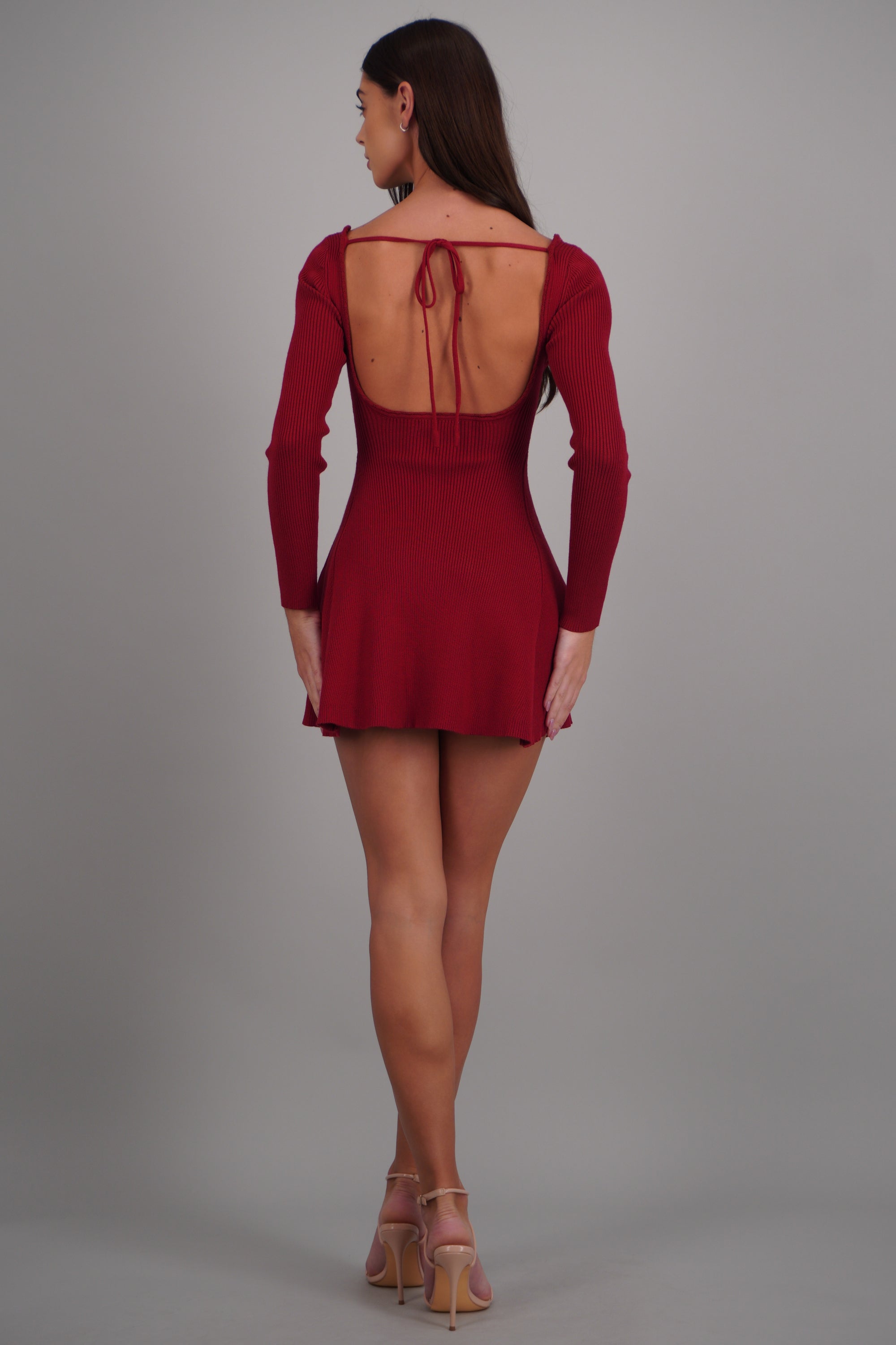 Vestido mini manga larga tejido rib ROJO