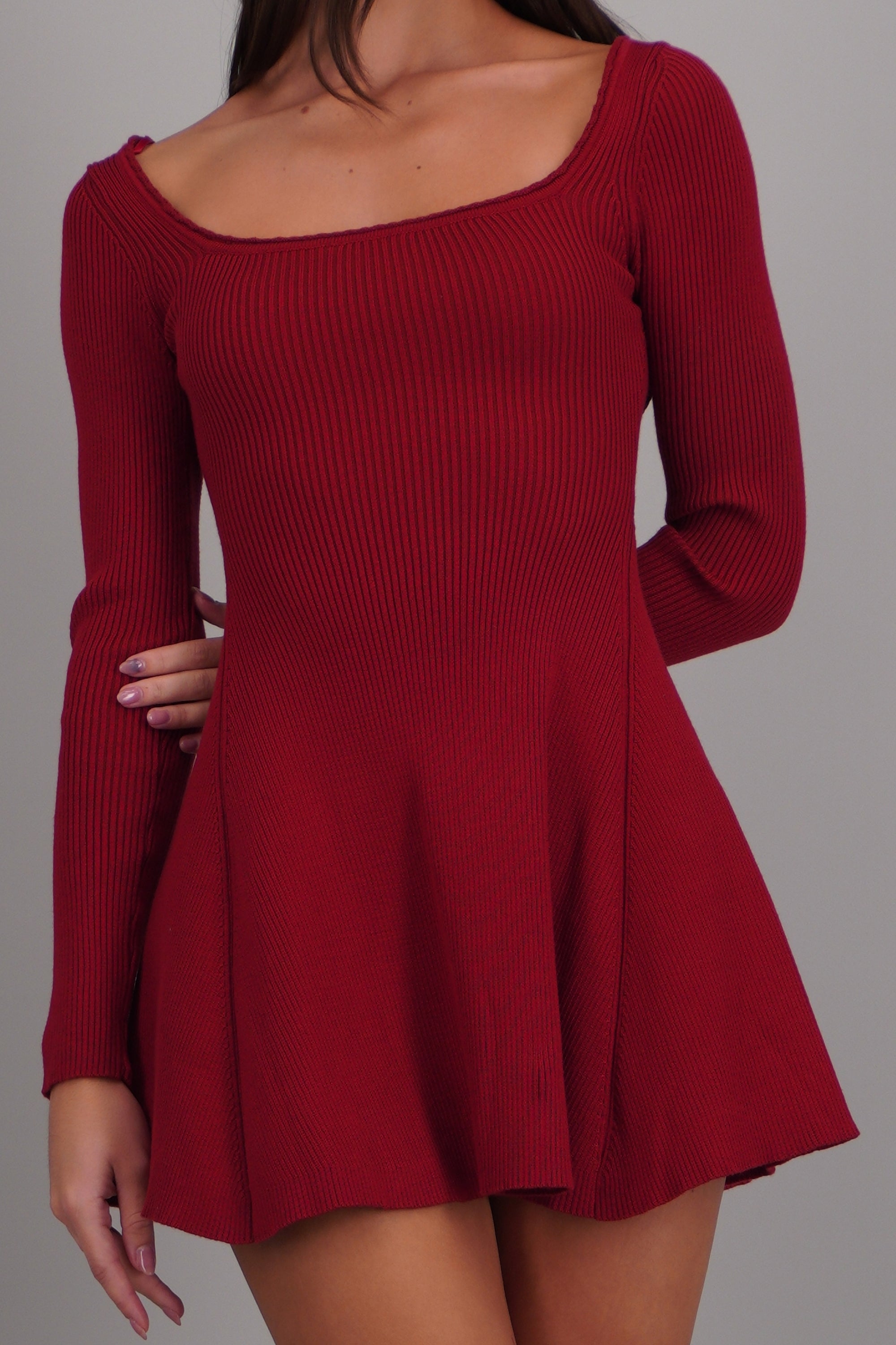Vestido mini manga larga tejido rib ROJO