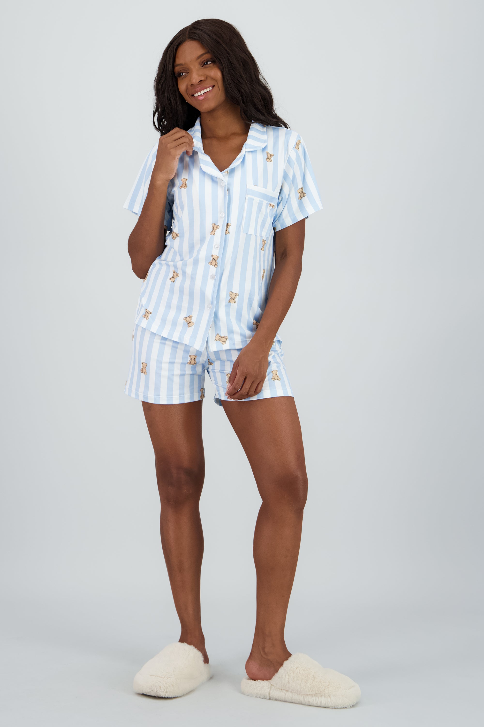 Pijama camisera suave rayas figura AZUL COMBO