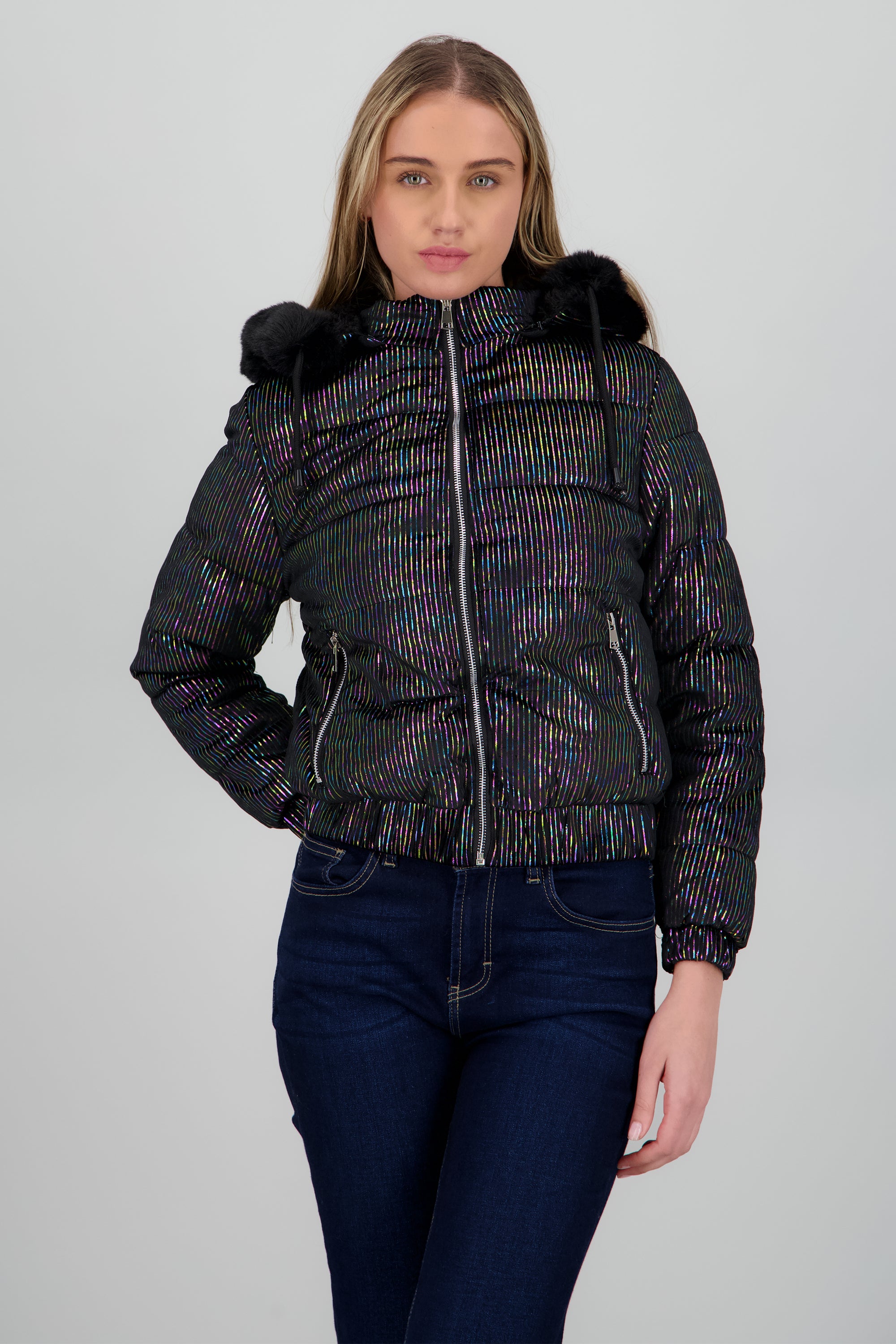 Chamarra puffer gorro con peluche NEGRO