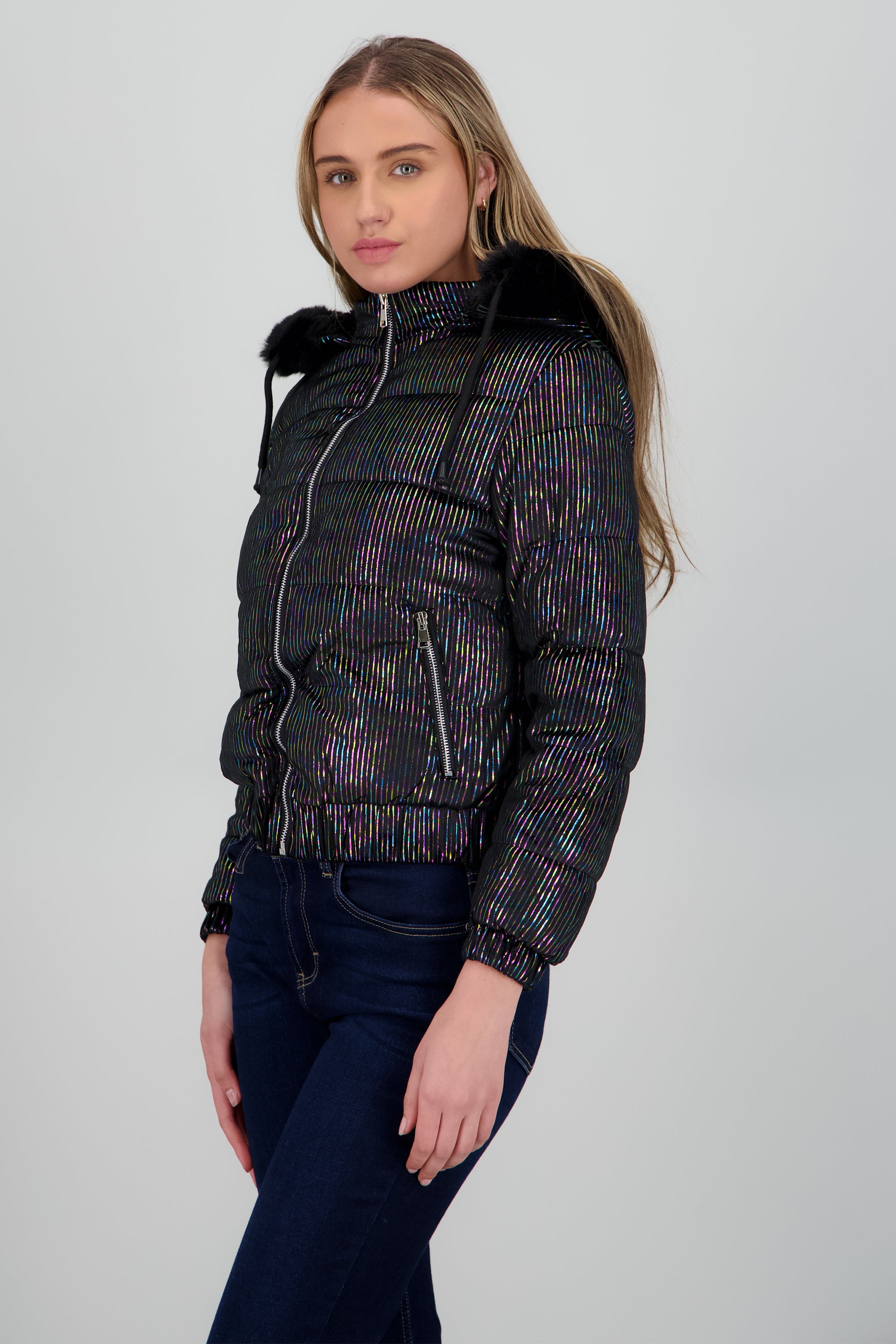 Chamarra puffer gorro con peluche NEGRO