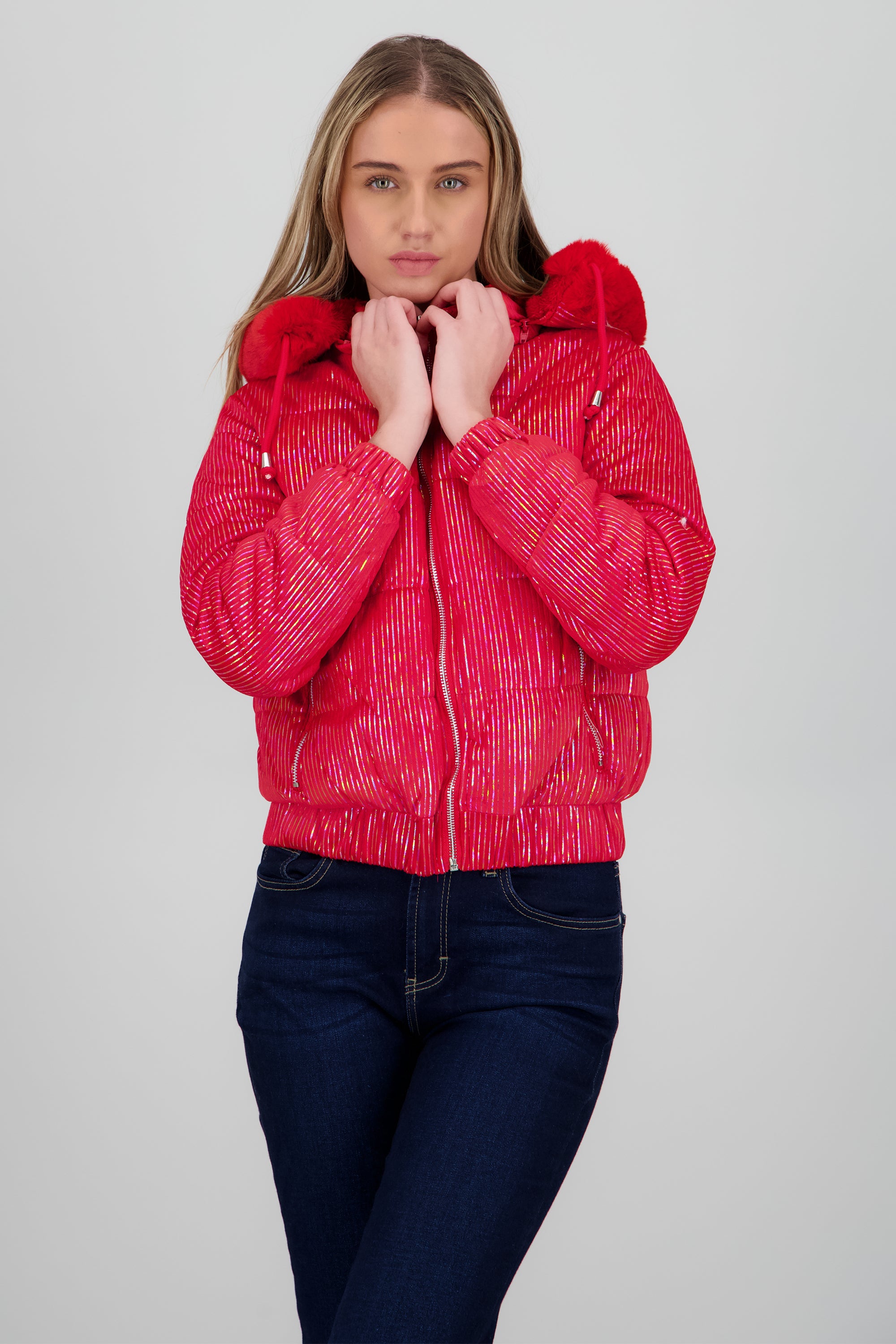 Chamarra puffer gorro con peluche ROJO