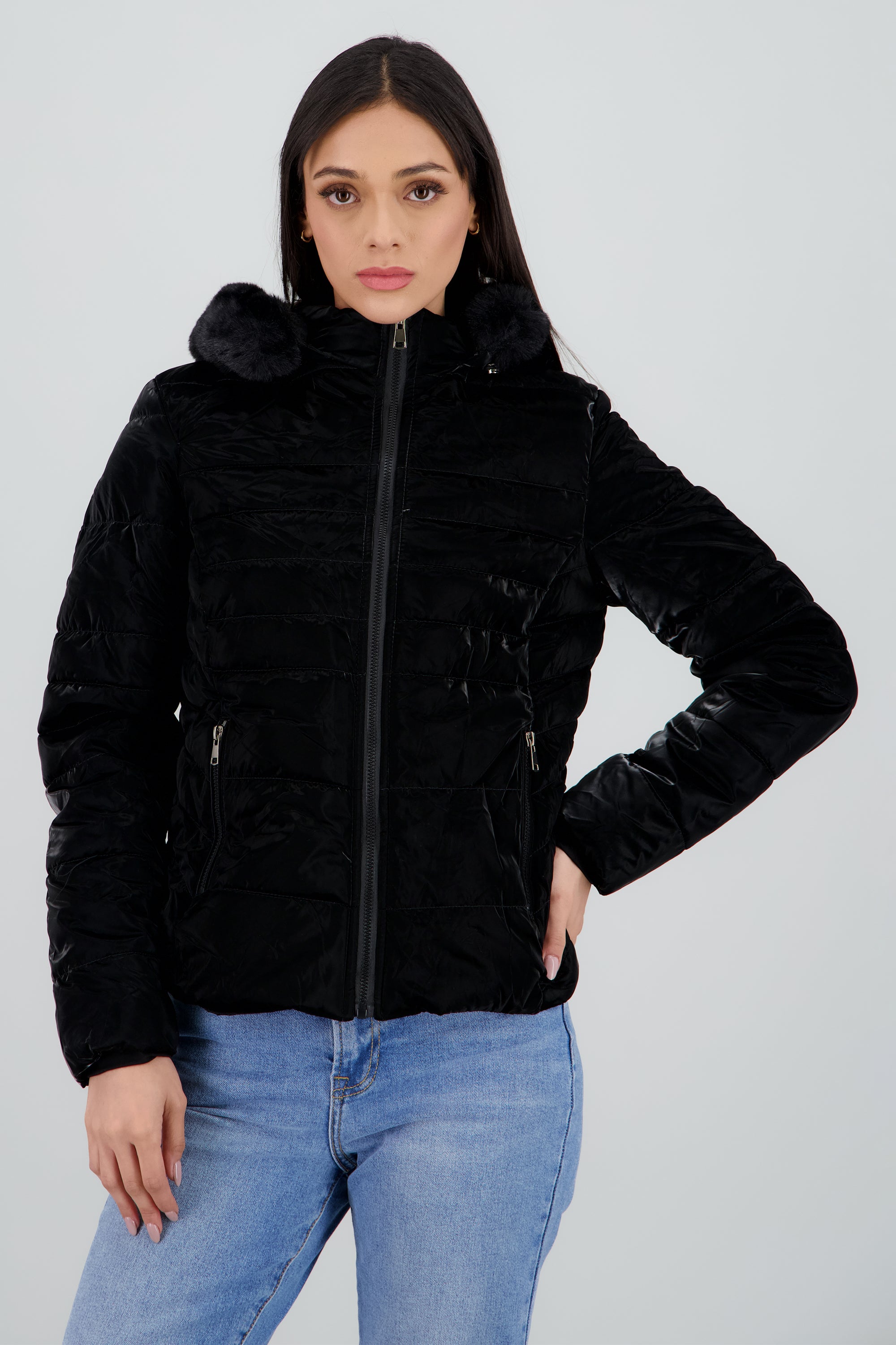 Chamarra puffer pu det peluche NEGRO