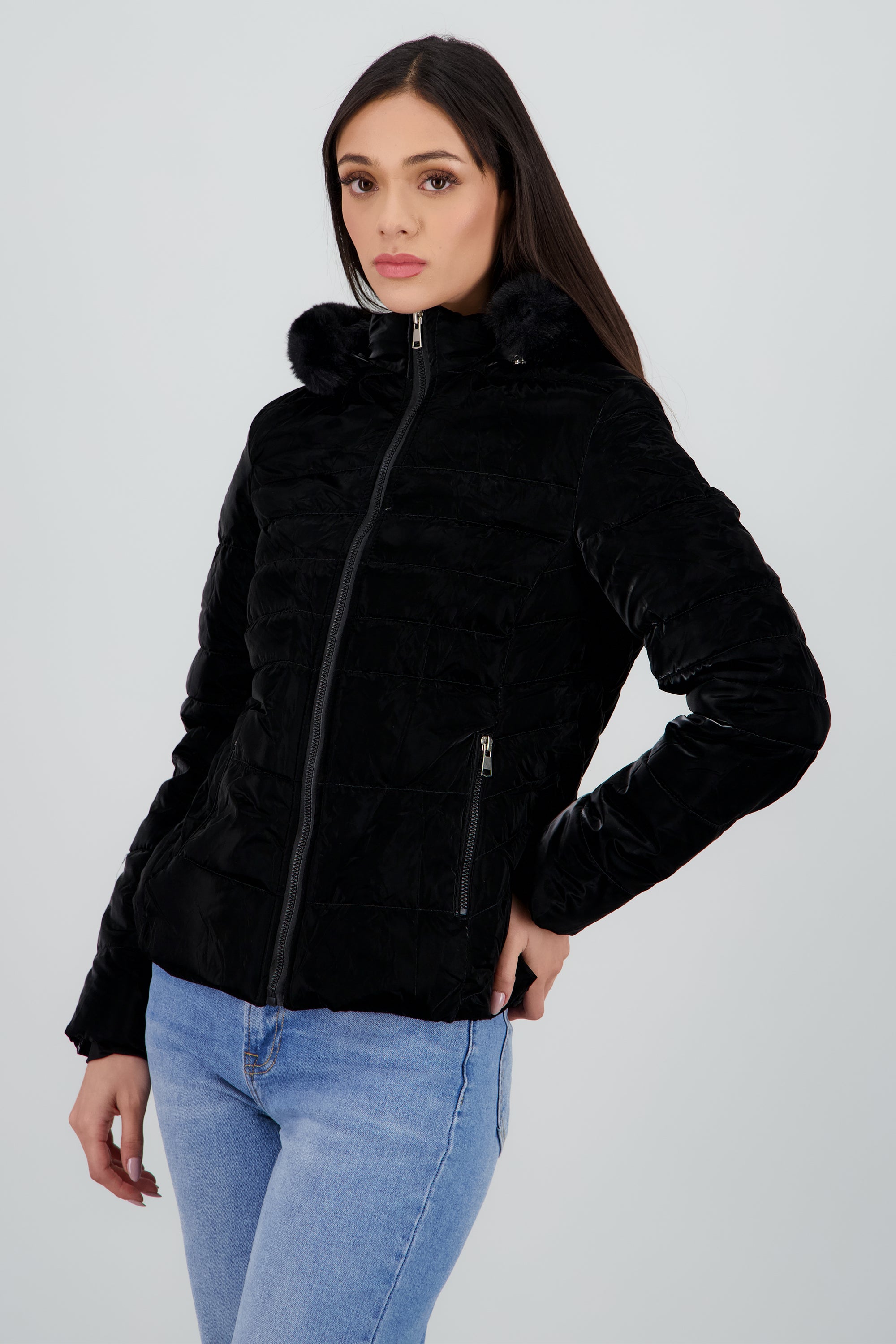 Chamarra puffer pu det peluche NEGRO
