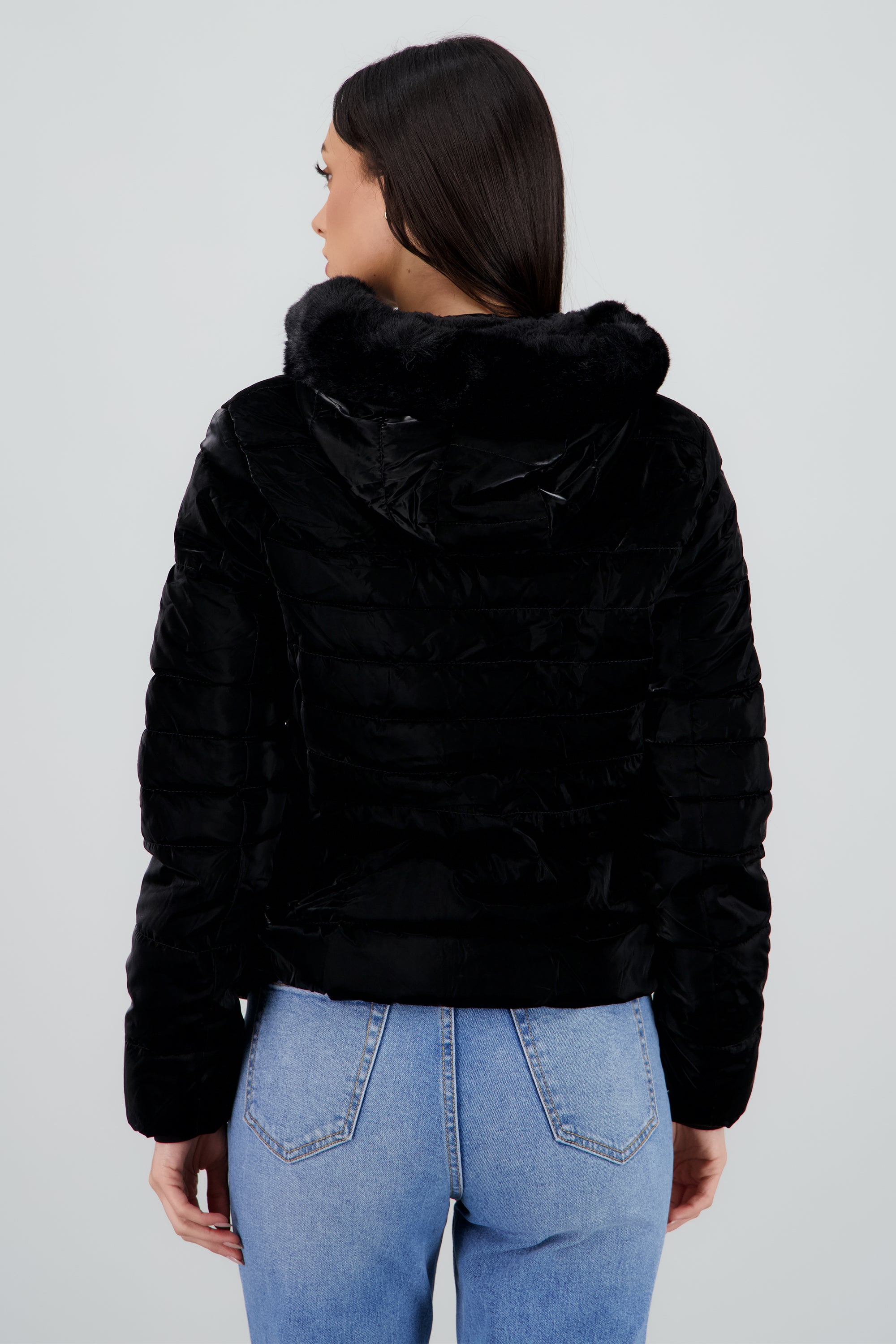 Chamarra puffer pu det peluche NEGRO