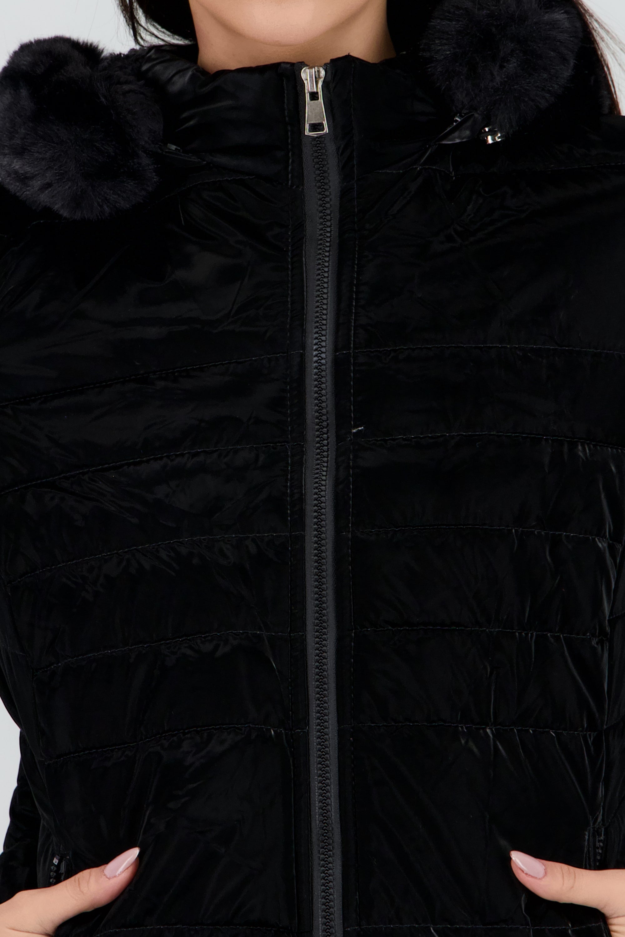 Chamarra puffer pu det peluche NEGRO