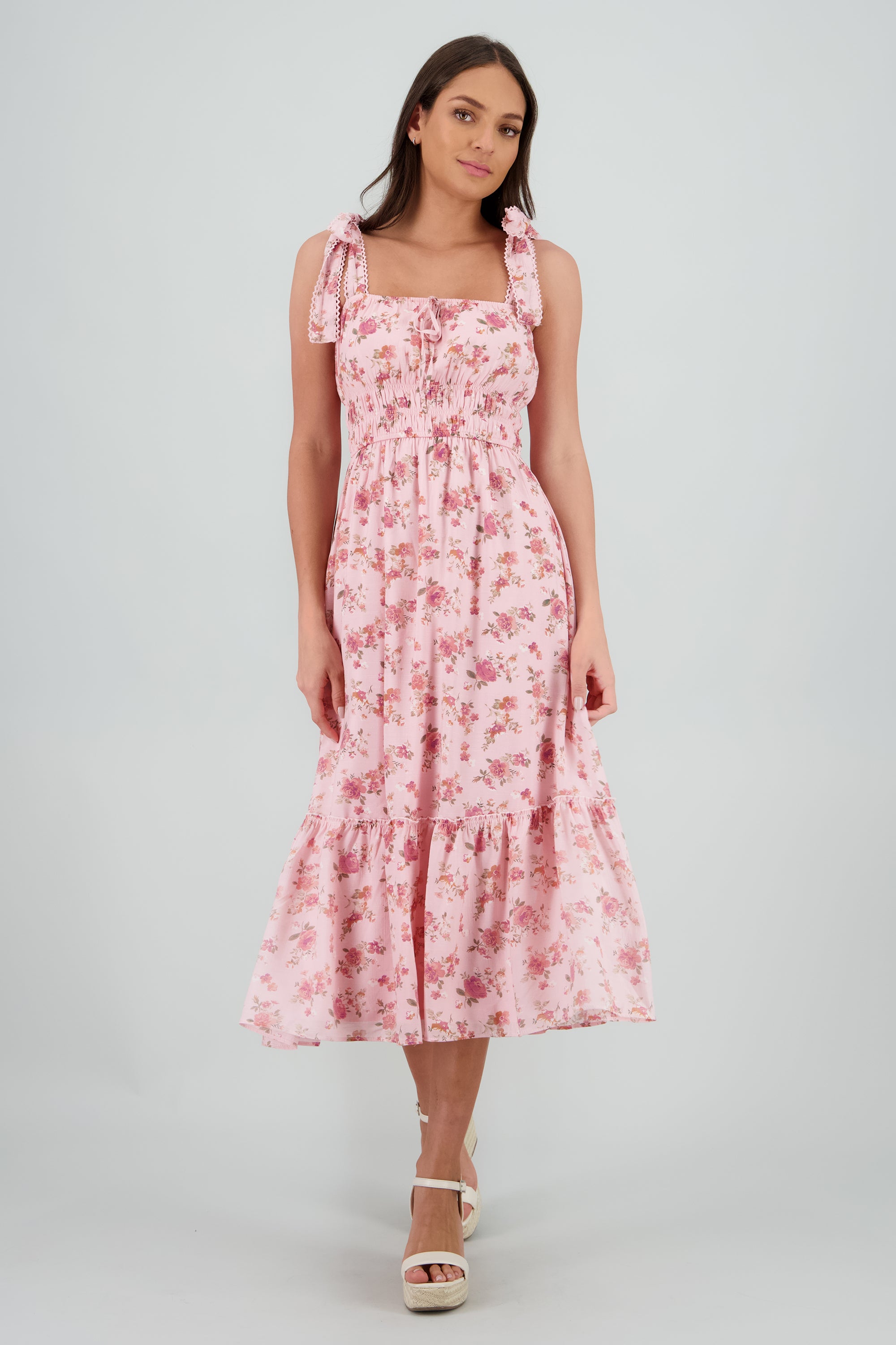 Vestido maxi cintura frunces ROSA COMBO