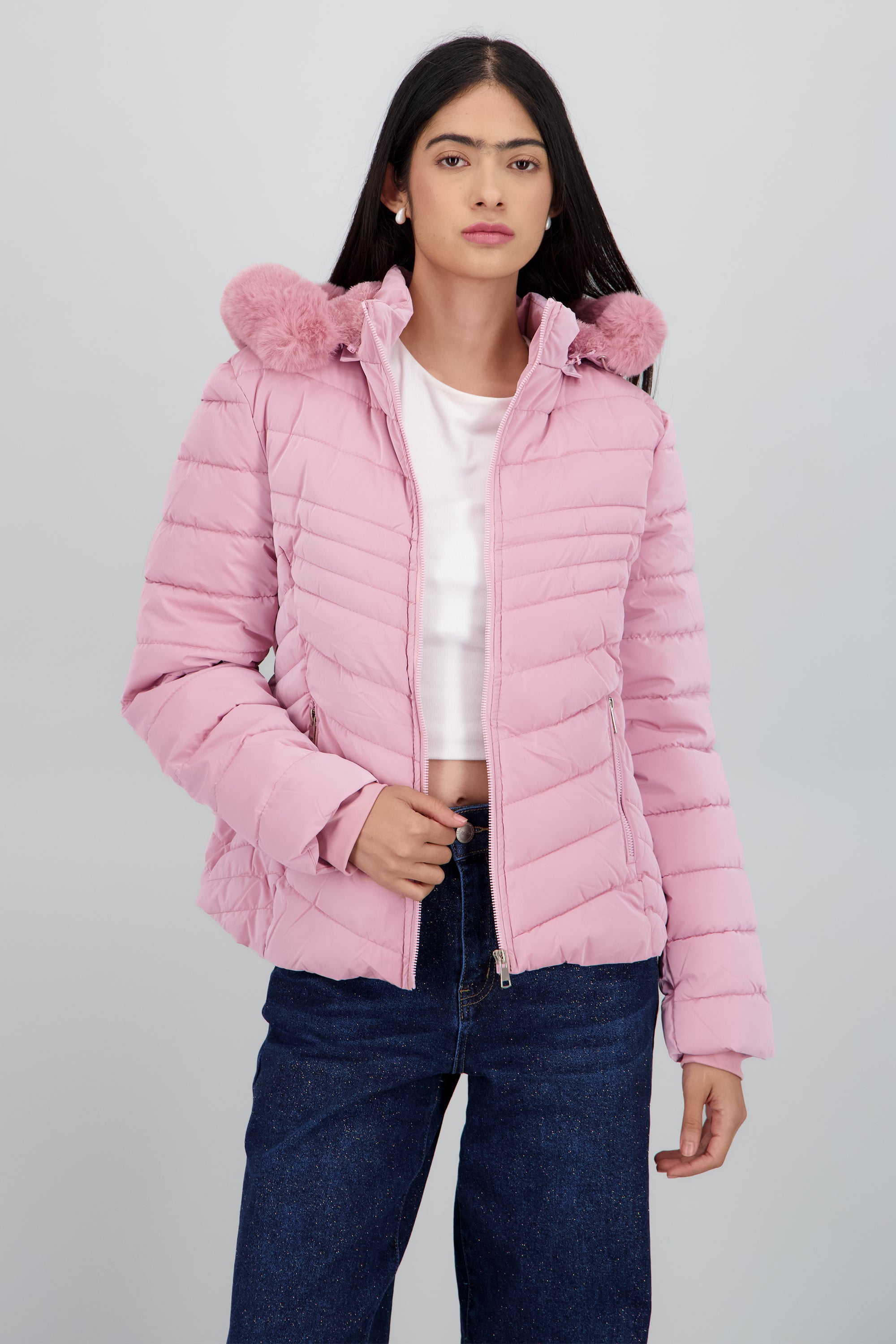 Chamarra capitonada det peluche con cierre ROSA