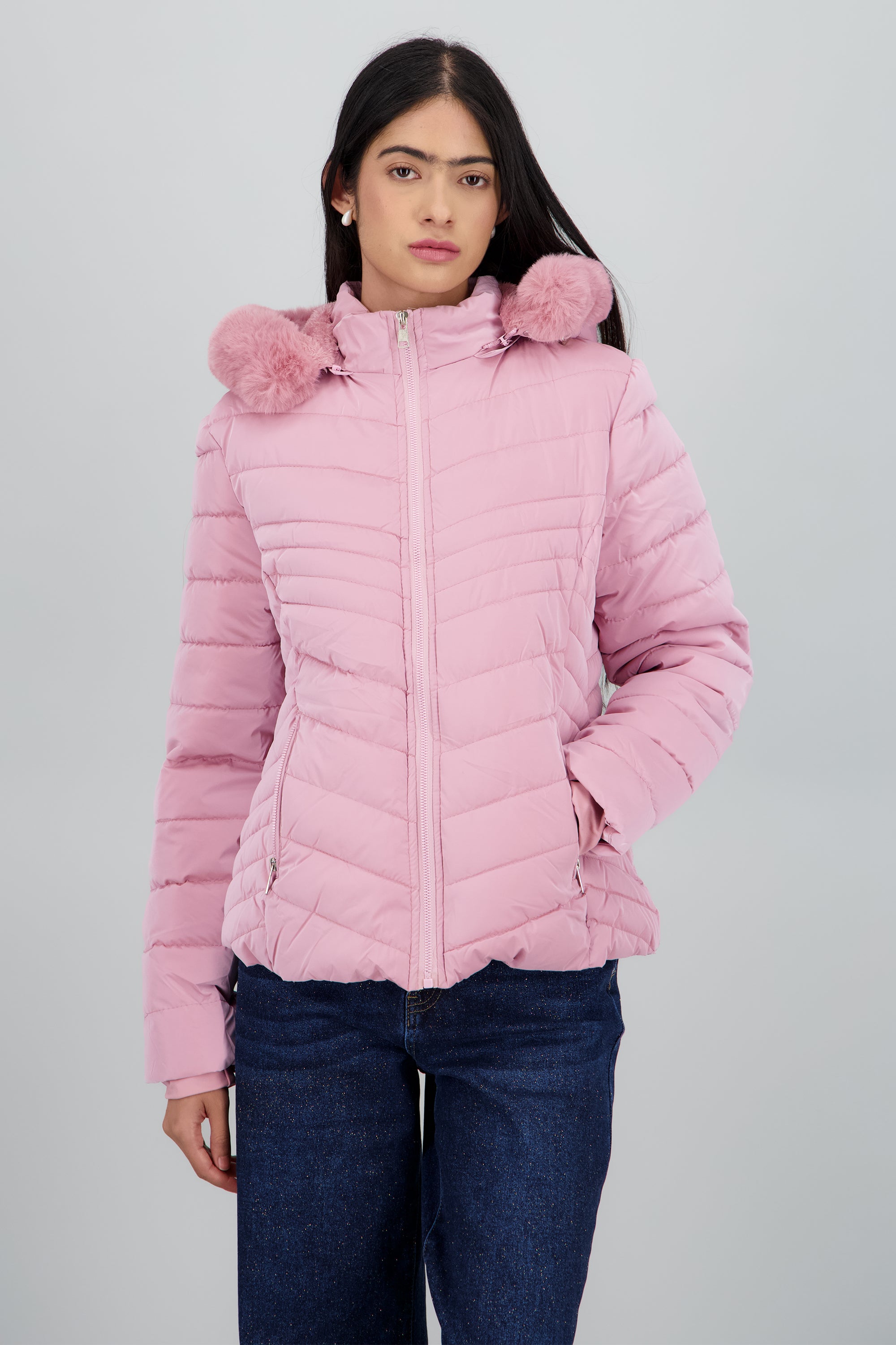 Chamarra capitonada det peluche con cierre ROSA