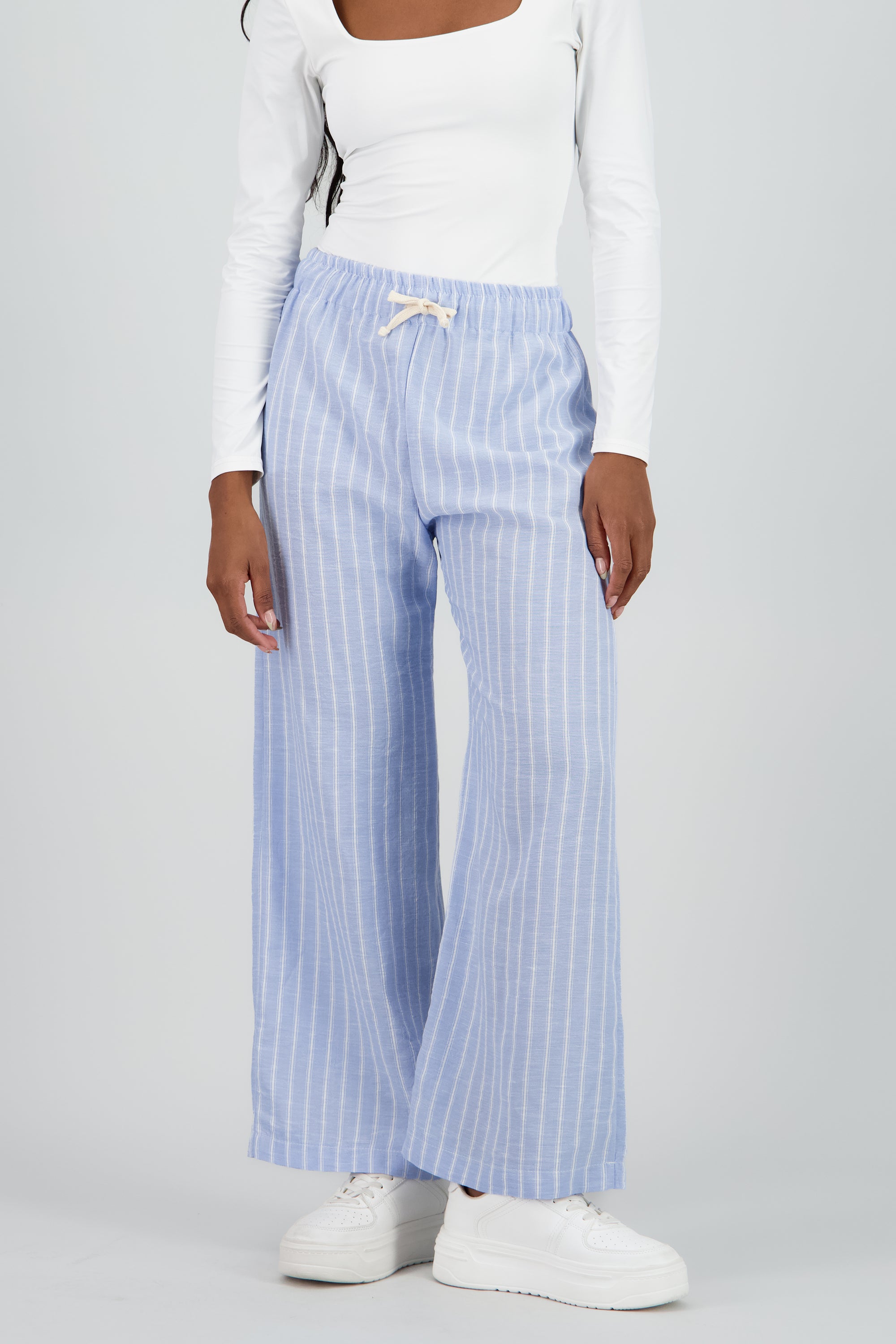 Pantalon recto de rayas con jareta AZUL COMBO