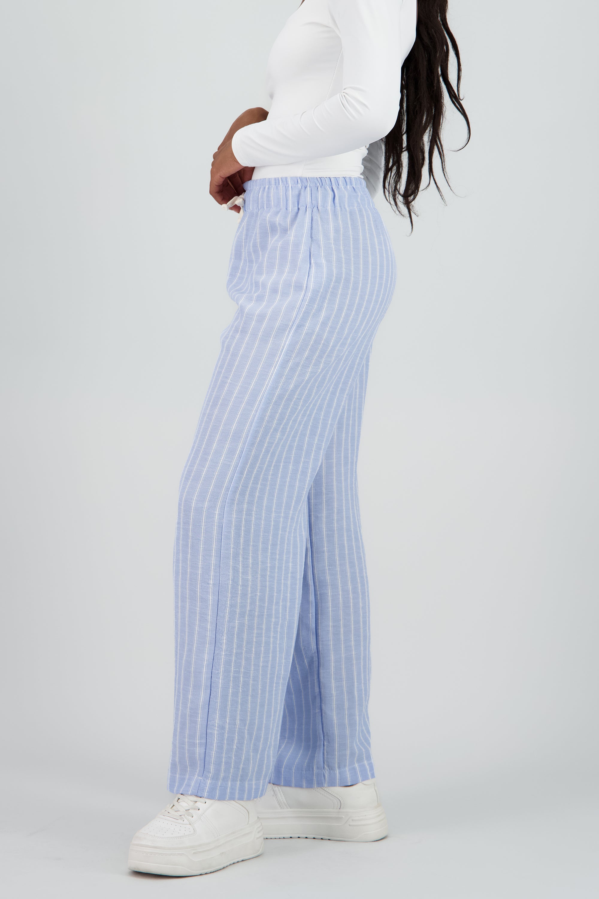 Pantalon recto de rayas con jareta AZUL COMBO