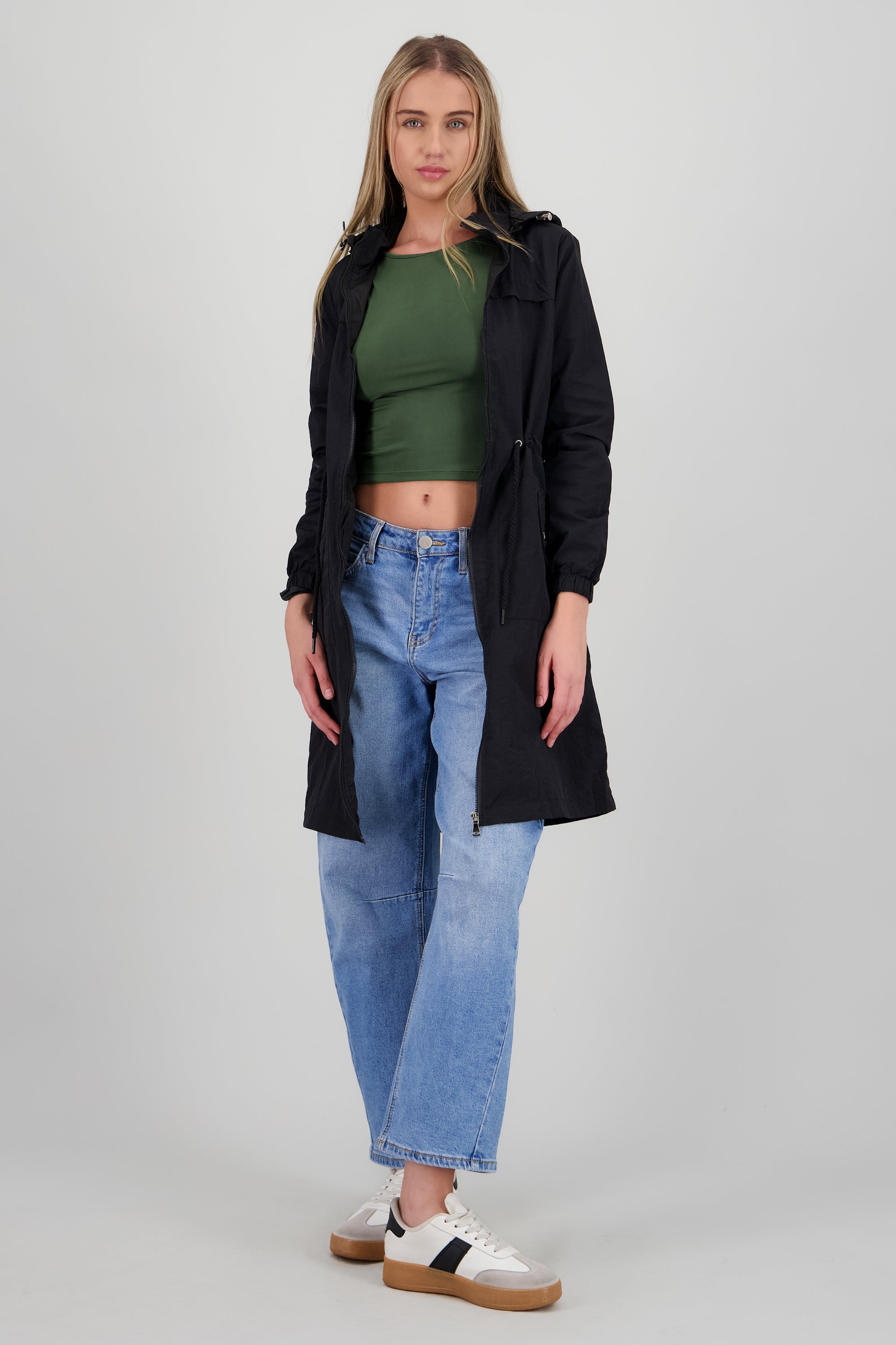 Gabardina midi con gorro NEGRO