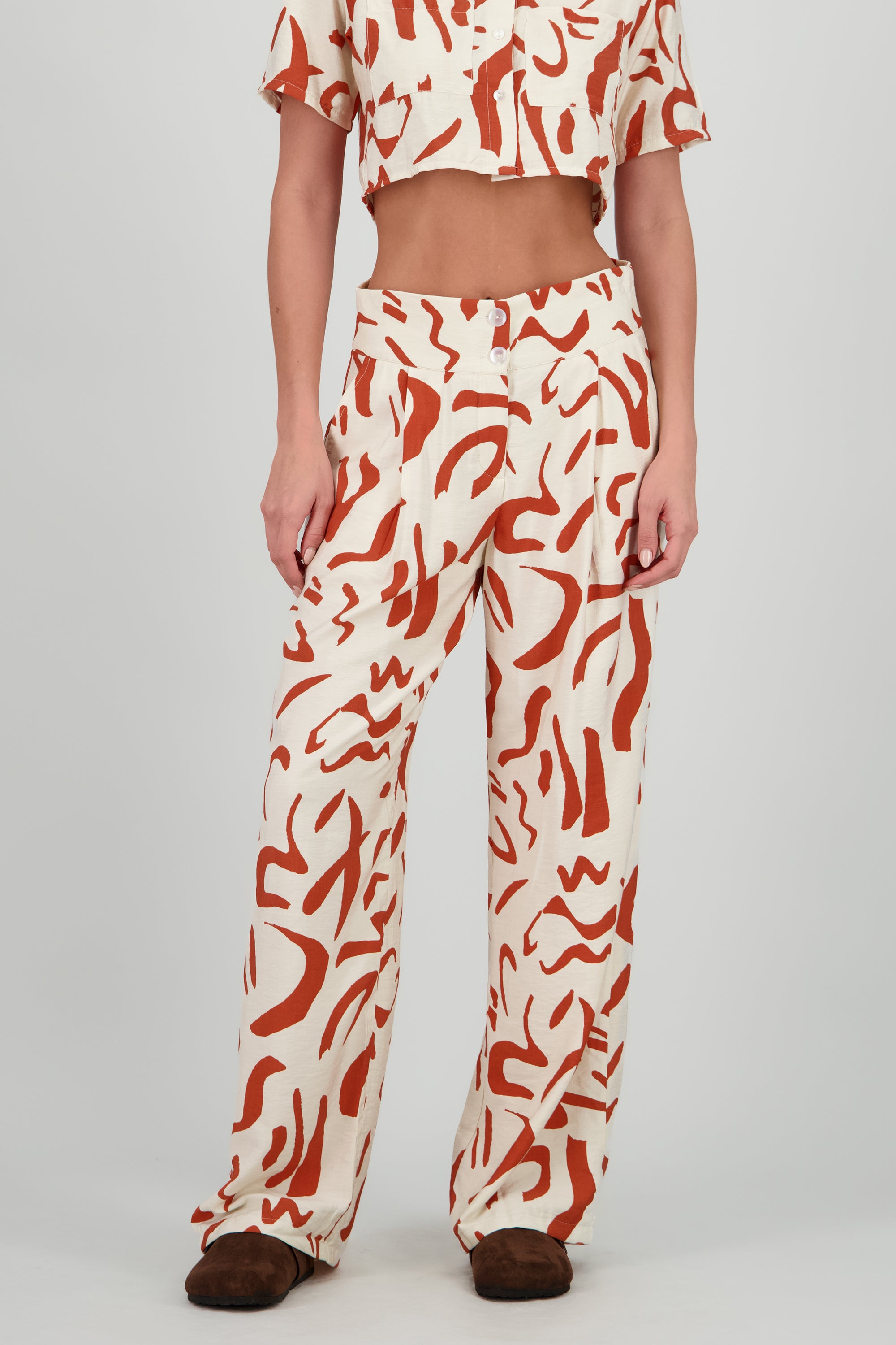 Pantalon pretina ancha estampado geometrico NARANJA COMBO