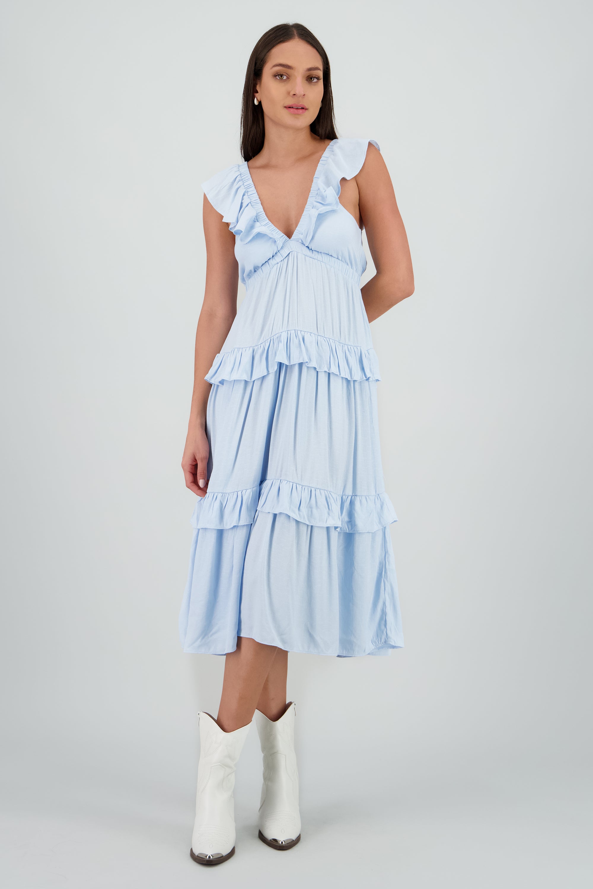 Maxi vestido olanes escote v AZUL CIELO