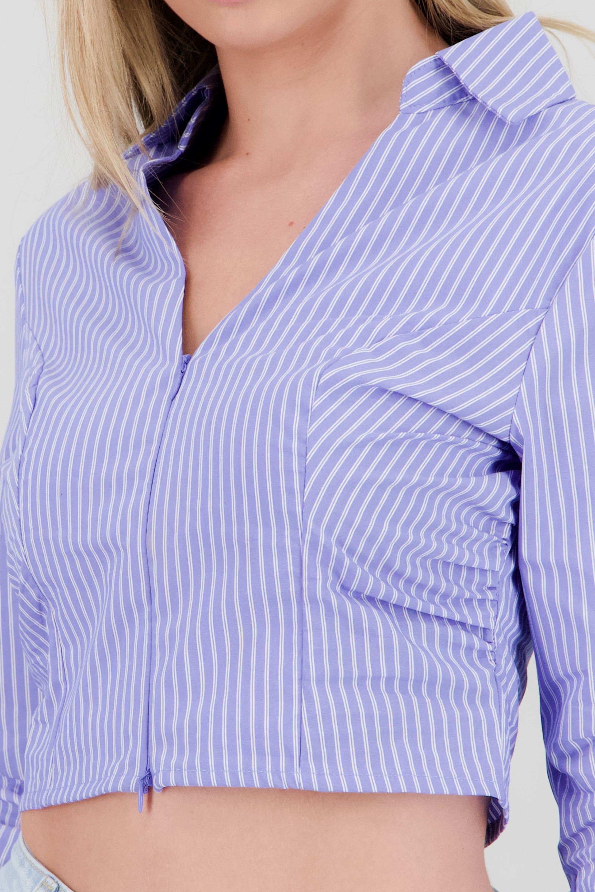 Blusa escote V cierre rayas AZUL COMBO