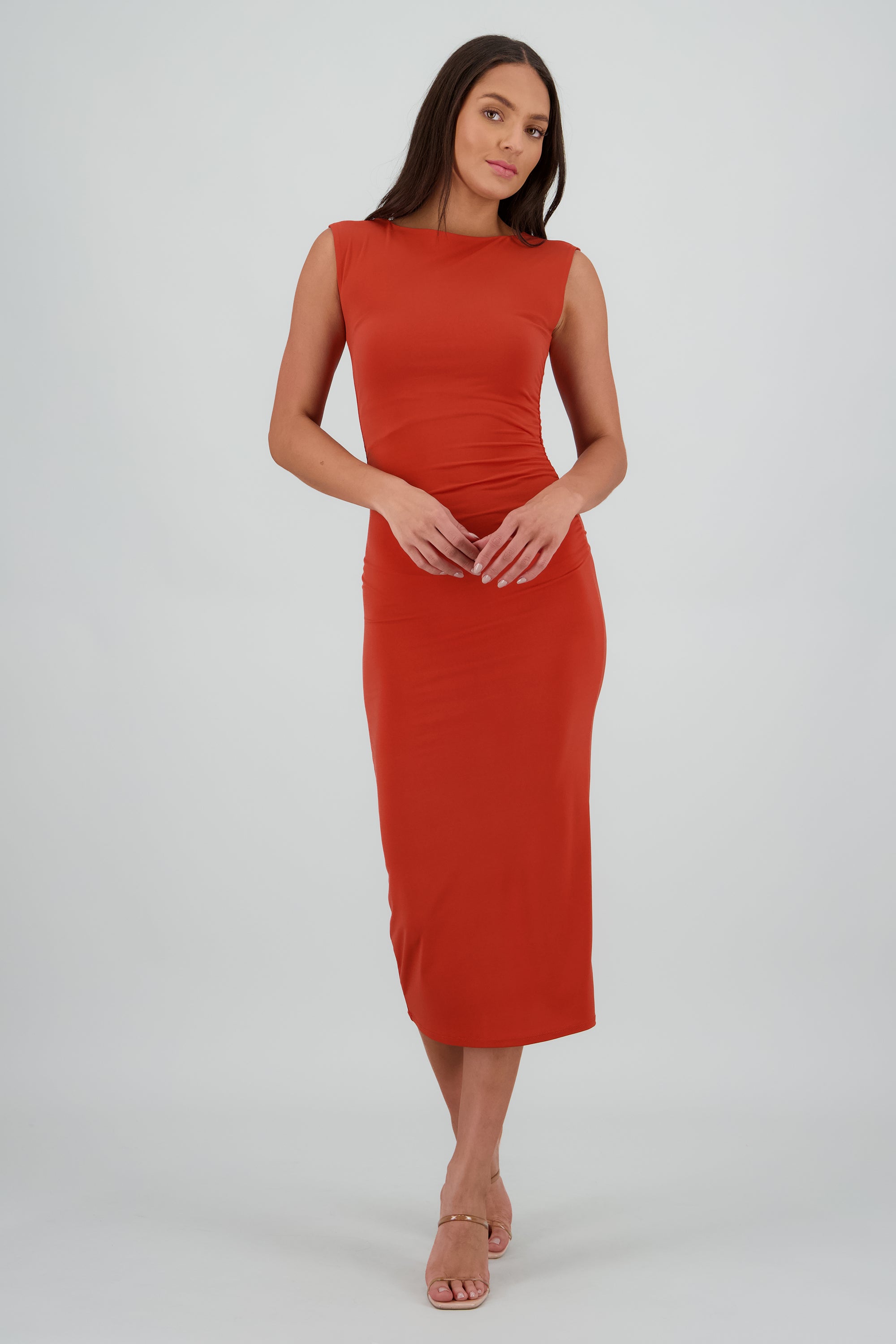 Vestido drapeado sin mangas LADRILLO