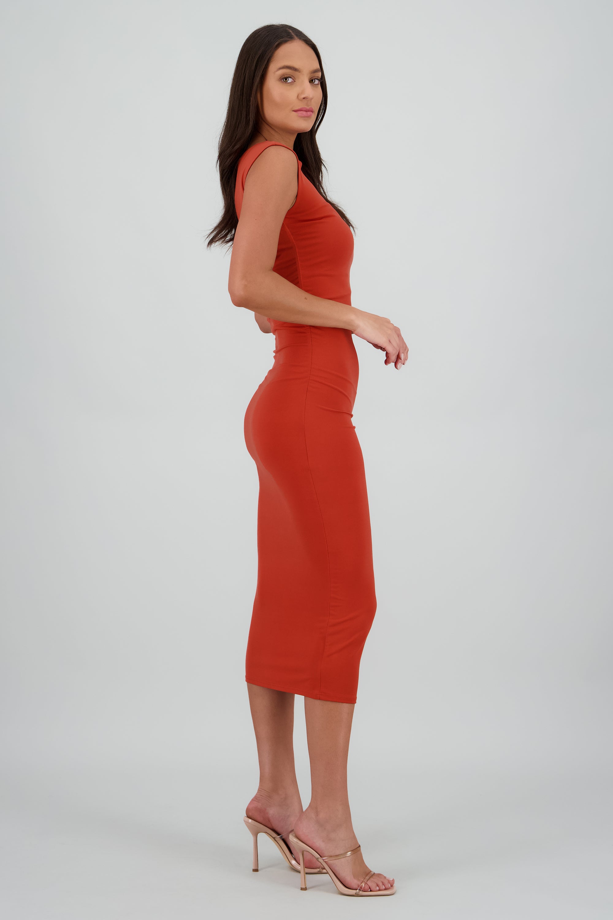 Vestido drapeado sin mangas LADRILLO