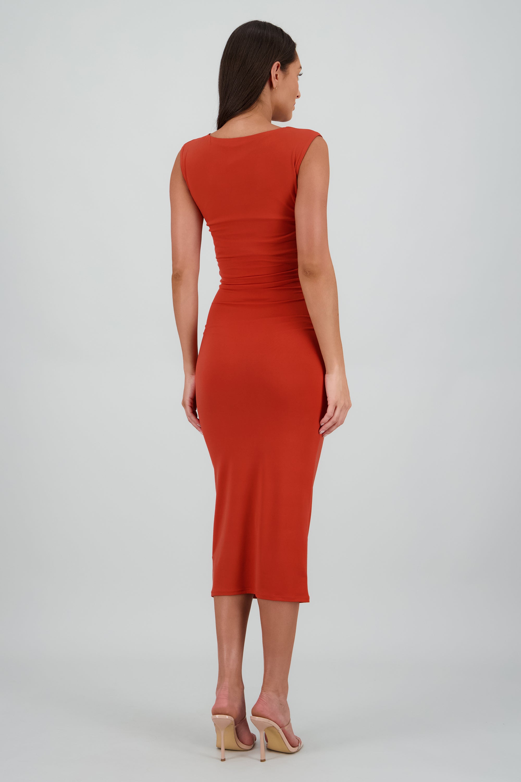 Vestido drapeado sin mangas LADRILLO