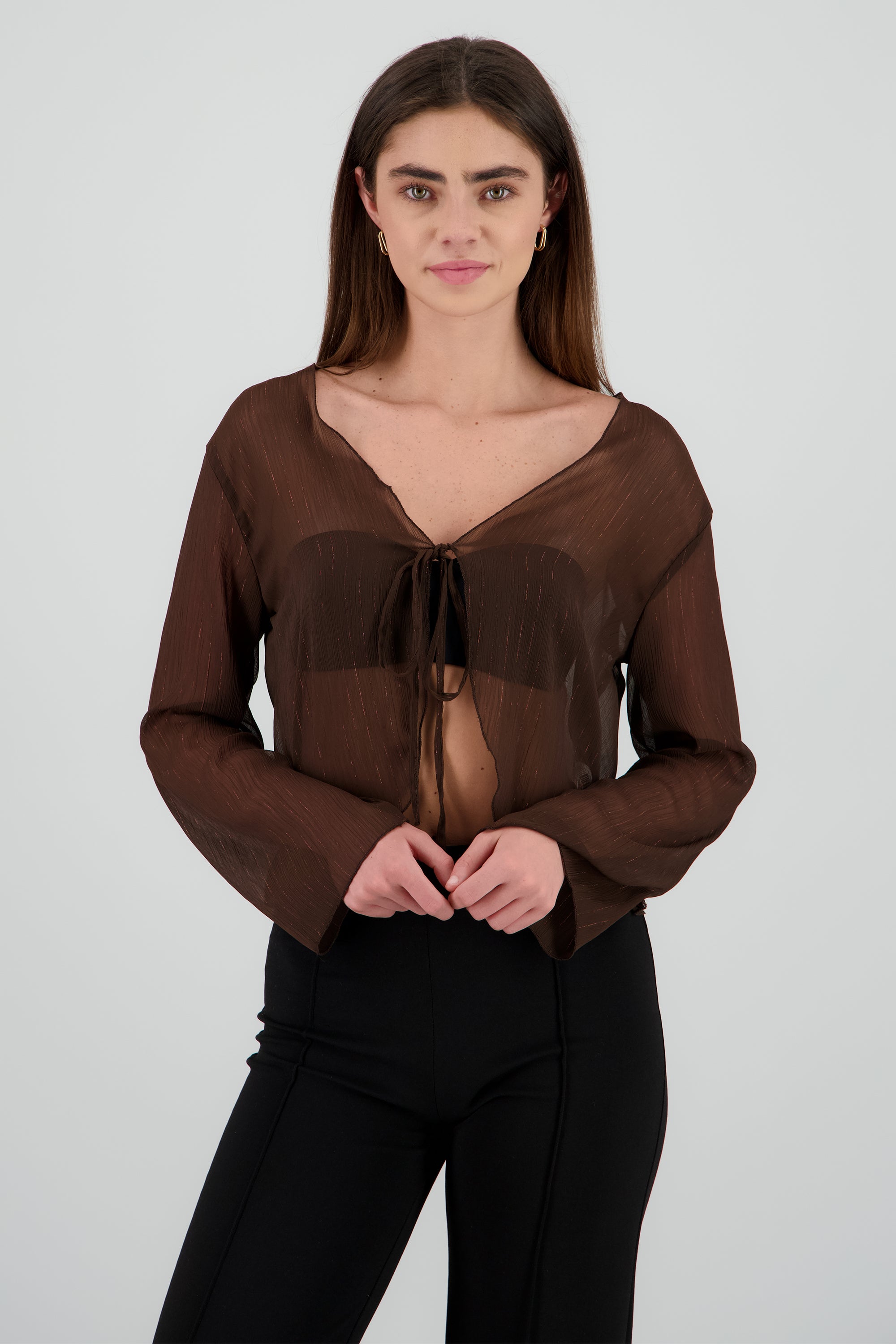 Blusa con transparencia detalle lurex CHOCOLATE