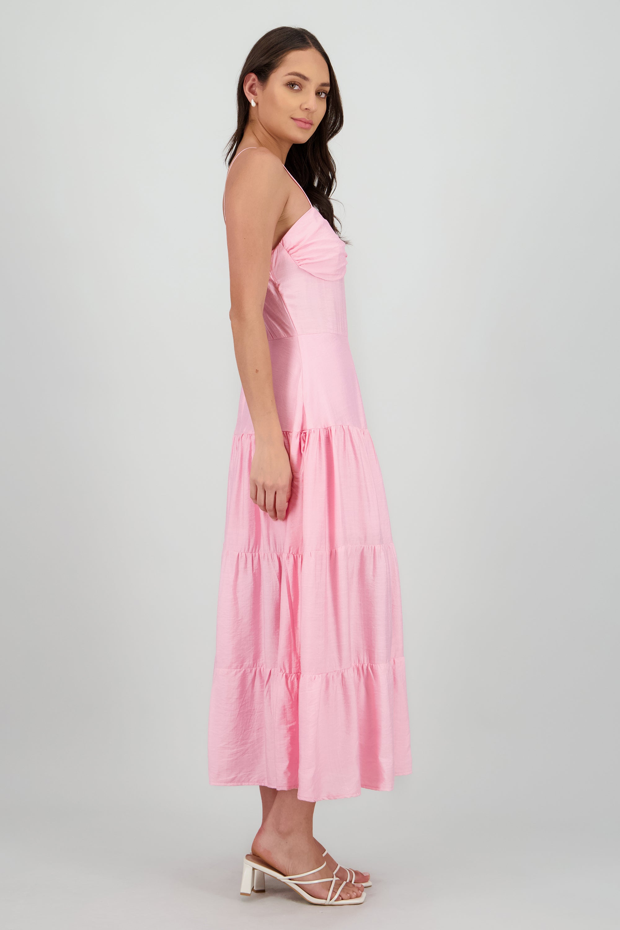 Vestido maxi olanes detalle plisado copas ROSA PASTEL