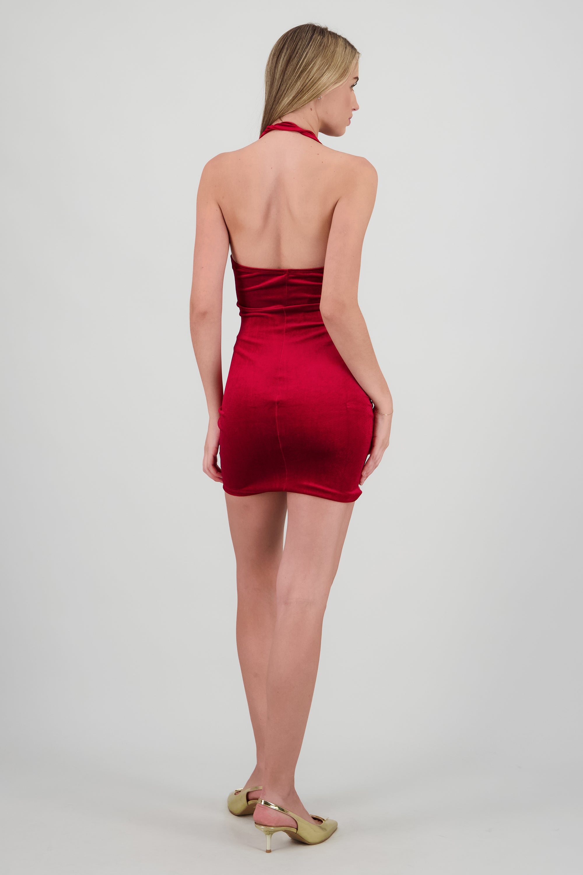 Vestido tercipelo con cuello halter VINO