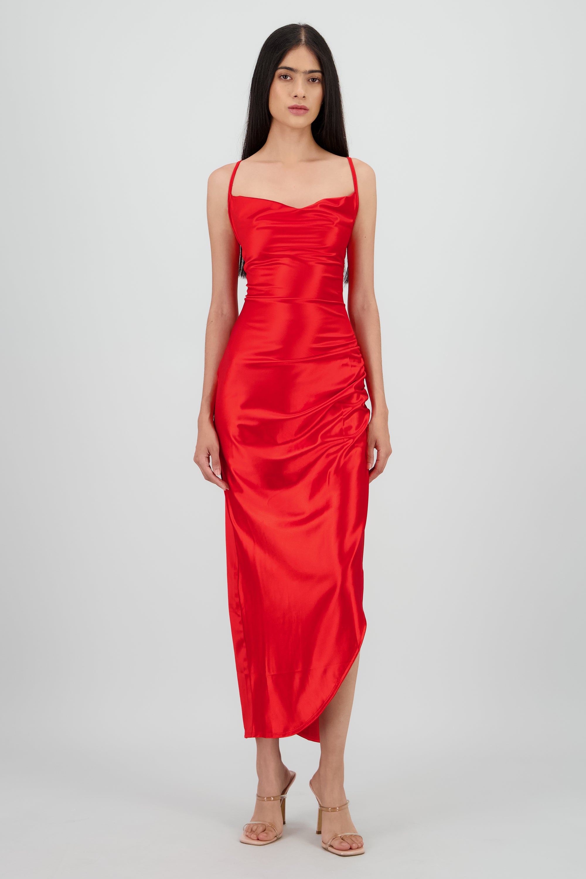 Vestido satin detalle drapeado pierna ROJO QUEMADO