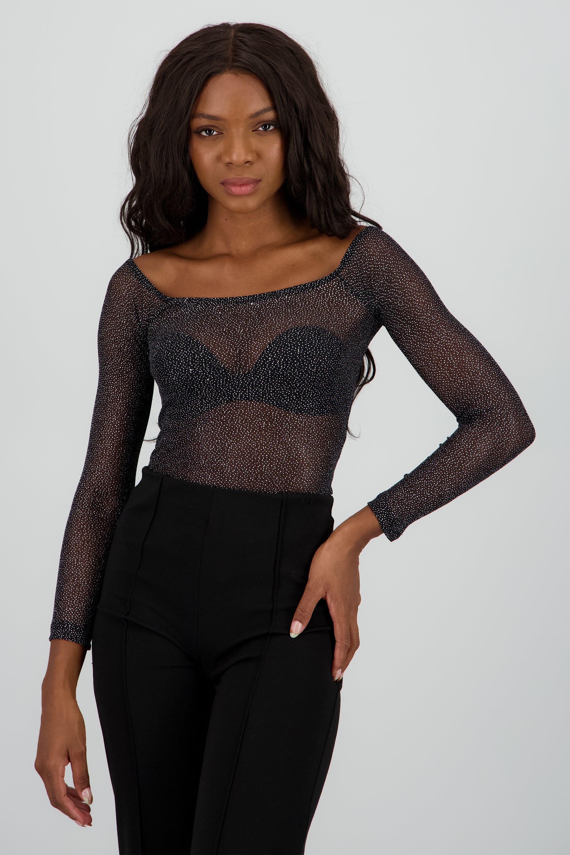Body transparente manga larga brillos NEGRO COMBO