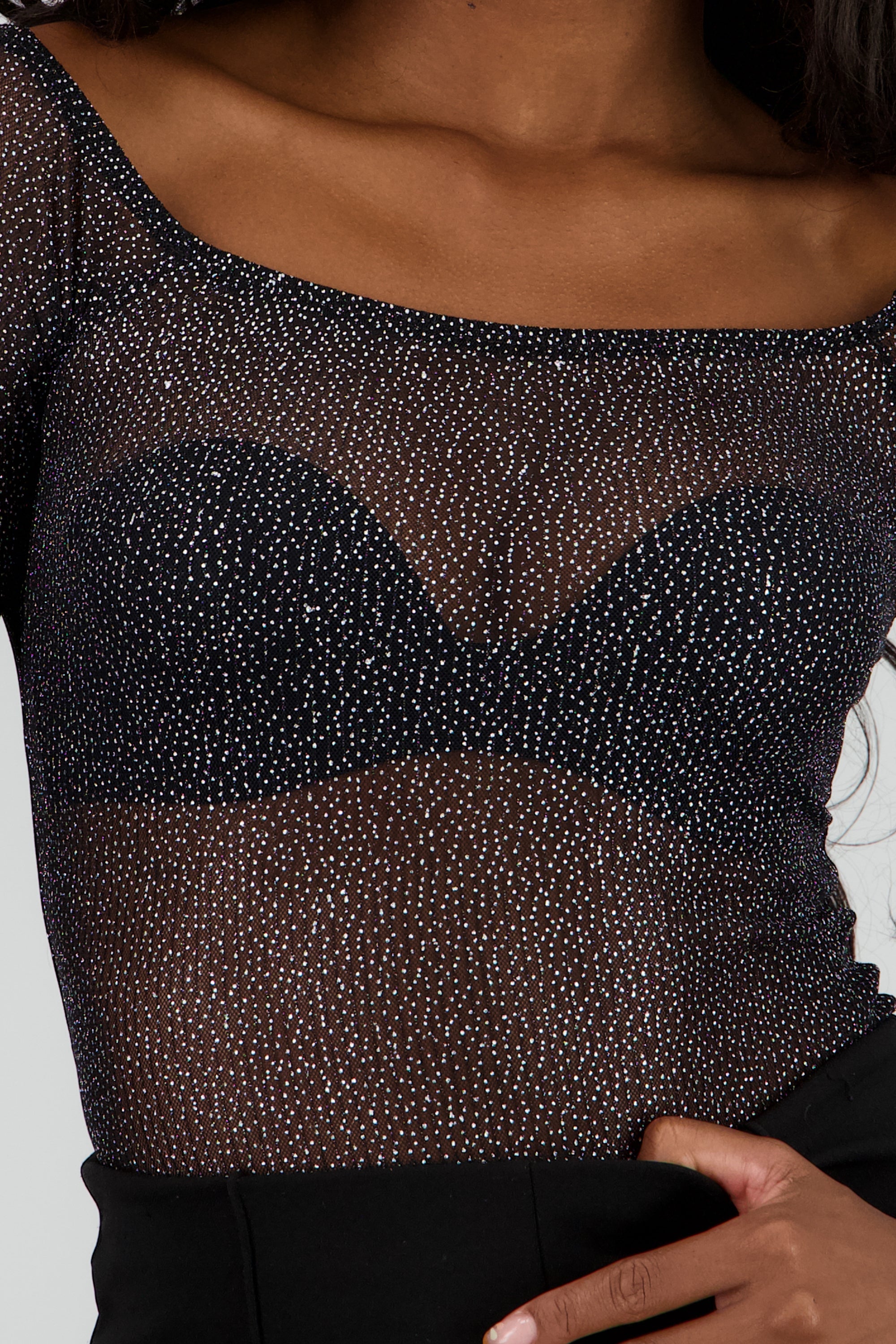 Body transparente manga larga brillos NEGRO COMBO