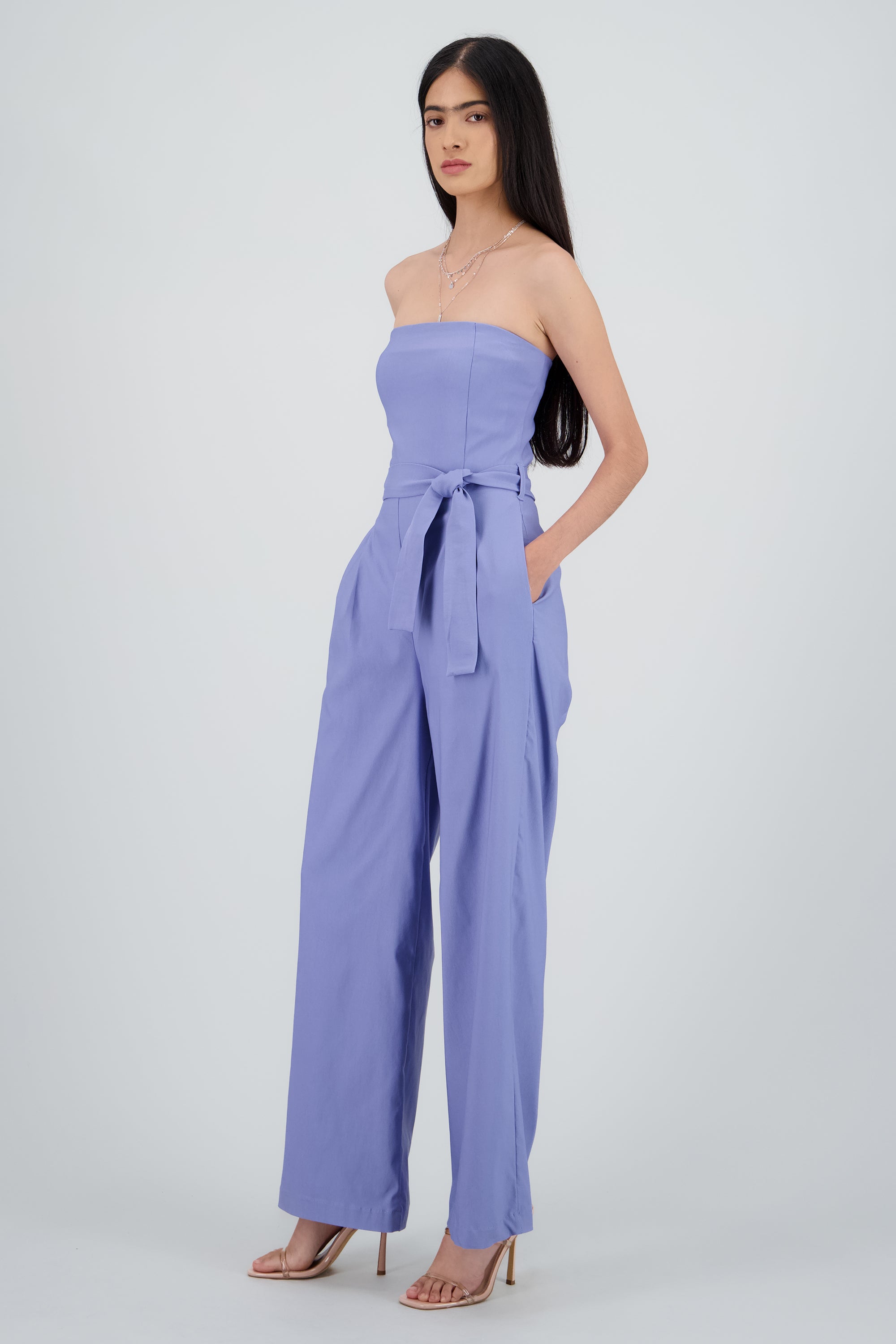 Jumpsuit strapless detalle cinturon AZUL PASTEL