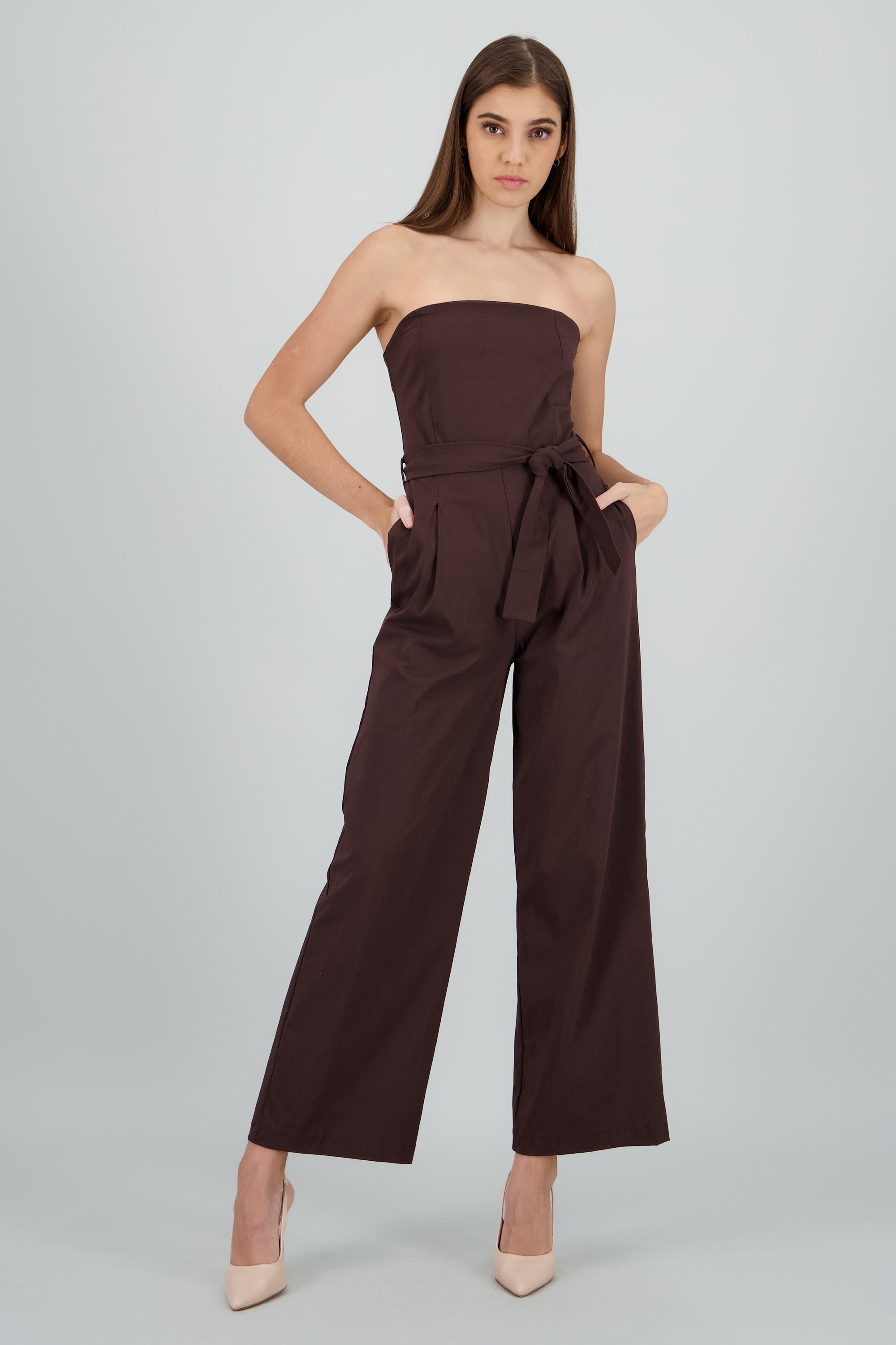 Jumpsuit strapless detalle cinturon CHOCOLATE