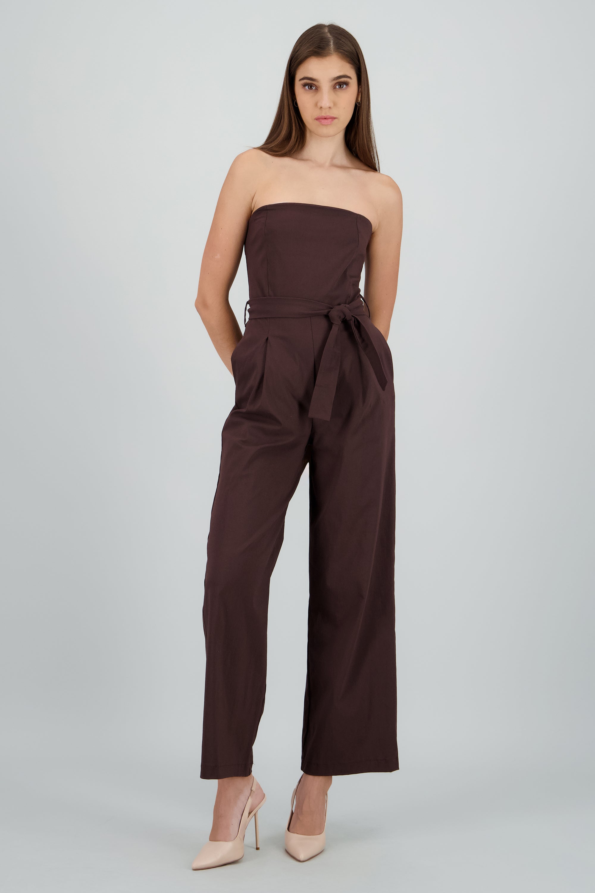 Jumpsuit strapless detalle cinturon CHOCOLATE