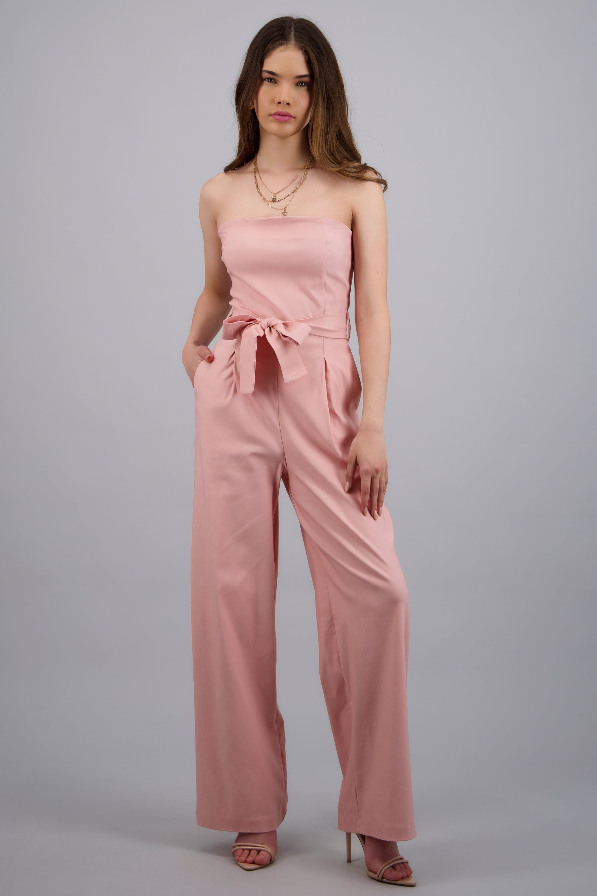 JUMPSUIT STRAPLESS DET CINTURON ROSA PASTEL