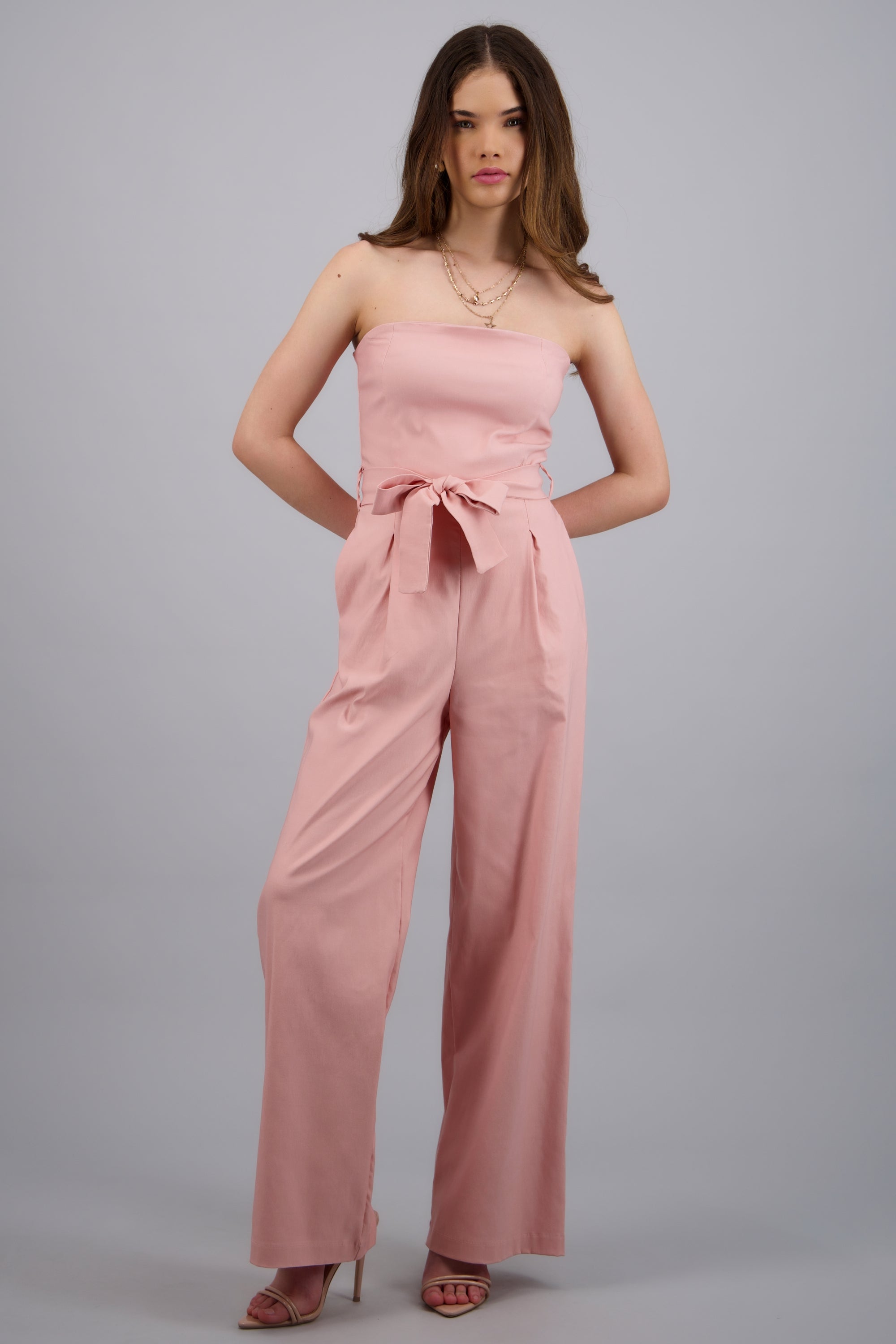 JUMPSUIT STRAPLESS DET CINTURON ROSA PASTEL