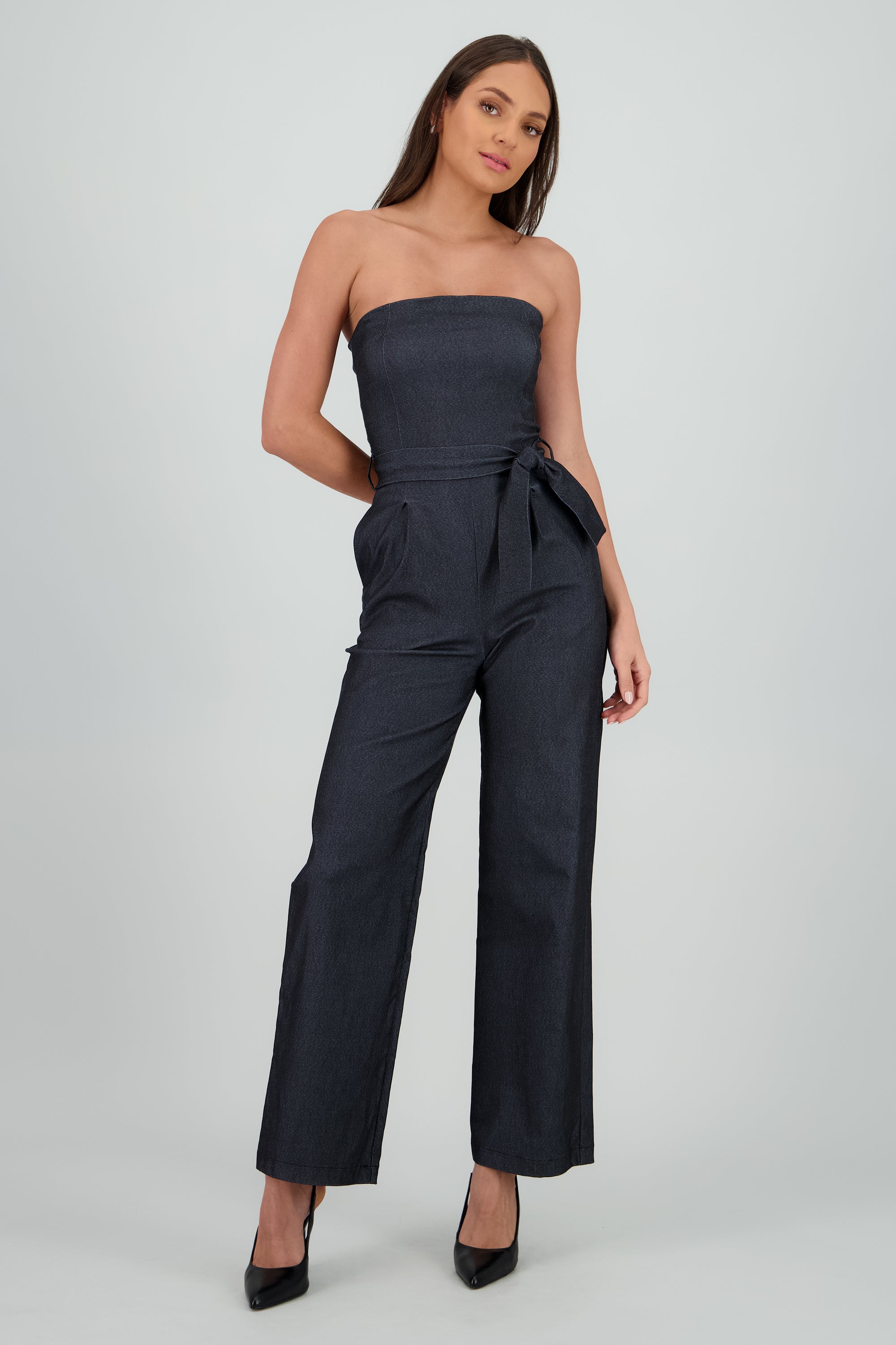 Jumpsuit strapless detalle cinturon GRIS OBSCURO