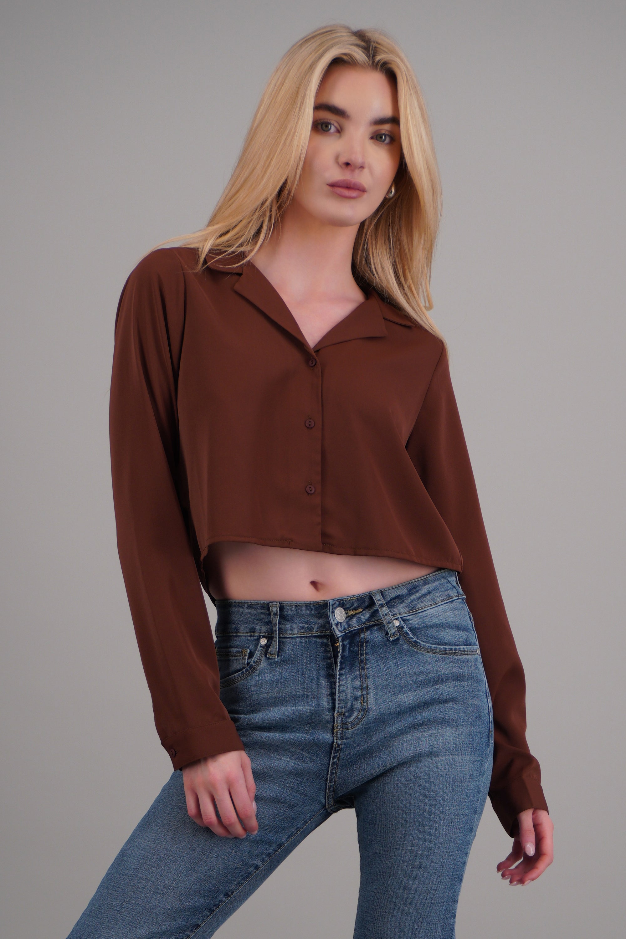 Camisa lisa manga larga CHOCOLATE