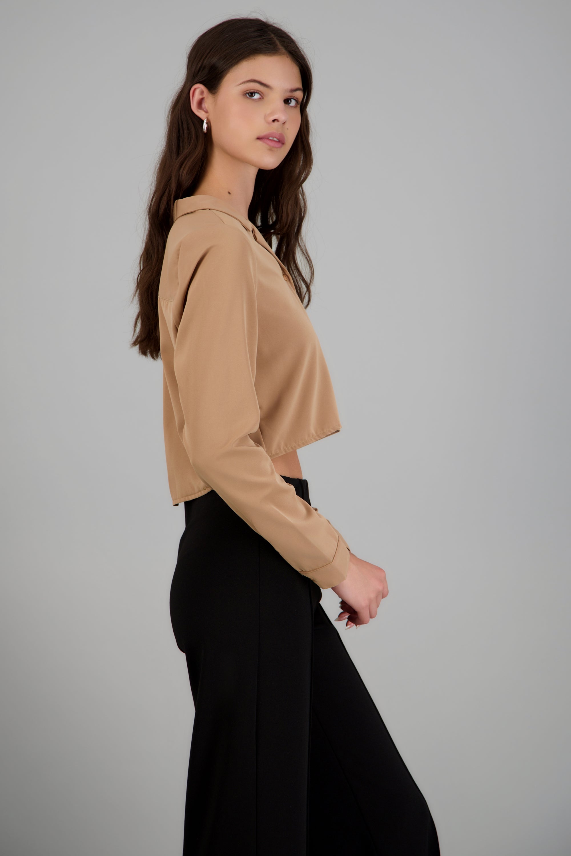 Camisa lisa manga larga TAUPE