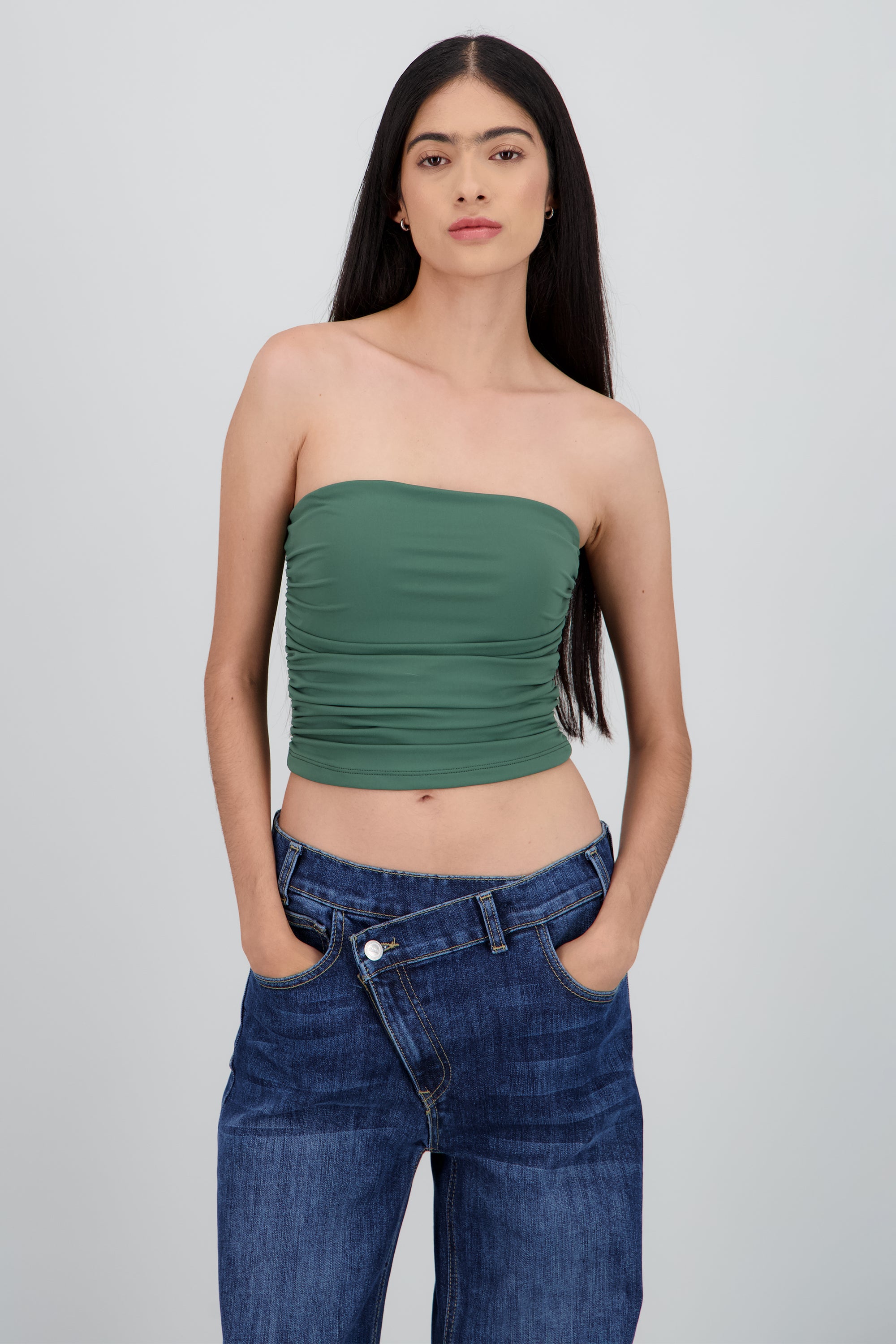 Top tubo strapless drapeado VERDE CAZADOR
