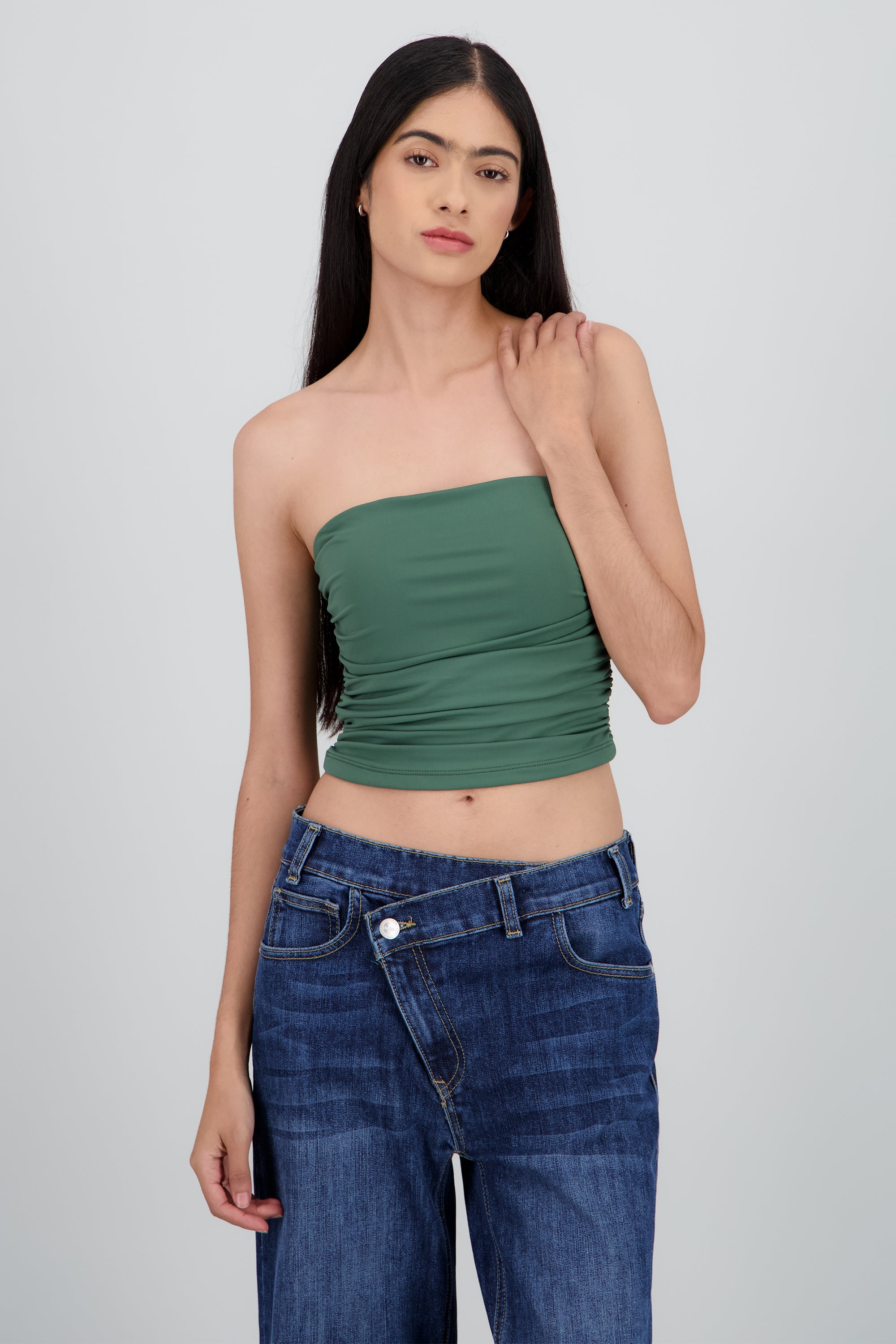Top tubo strapless drapeado VERDE CAZADOR