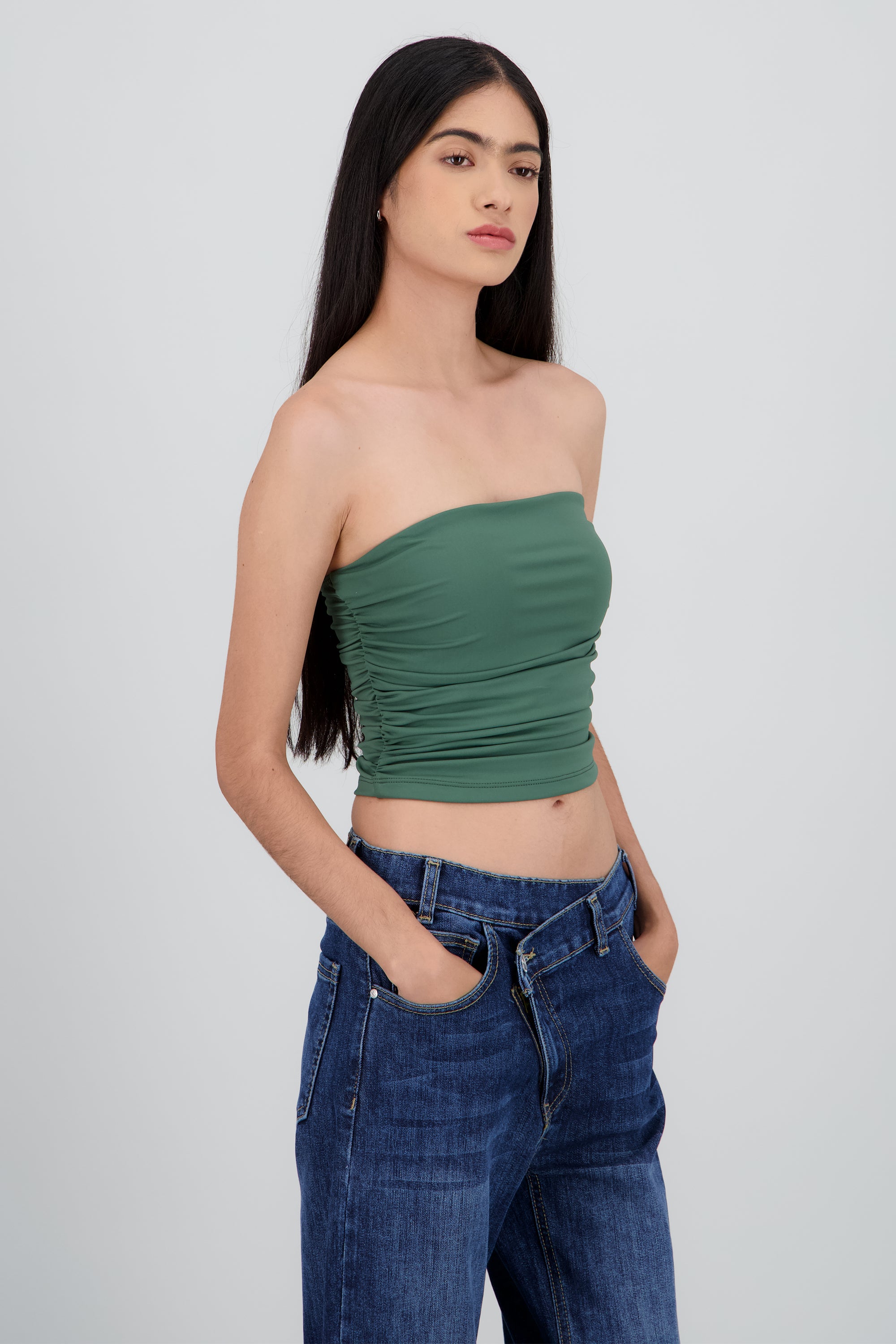 Top tubo strapless drapeado VERDE CAZADOR