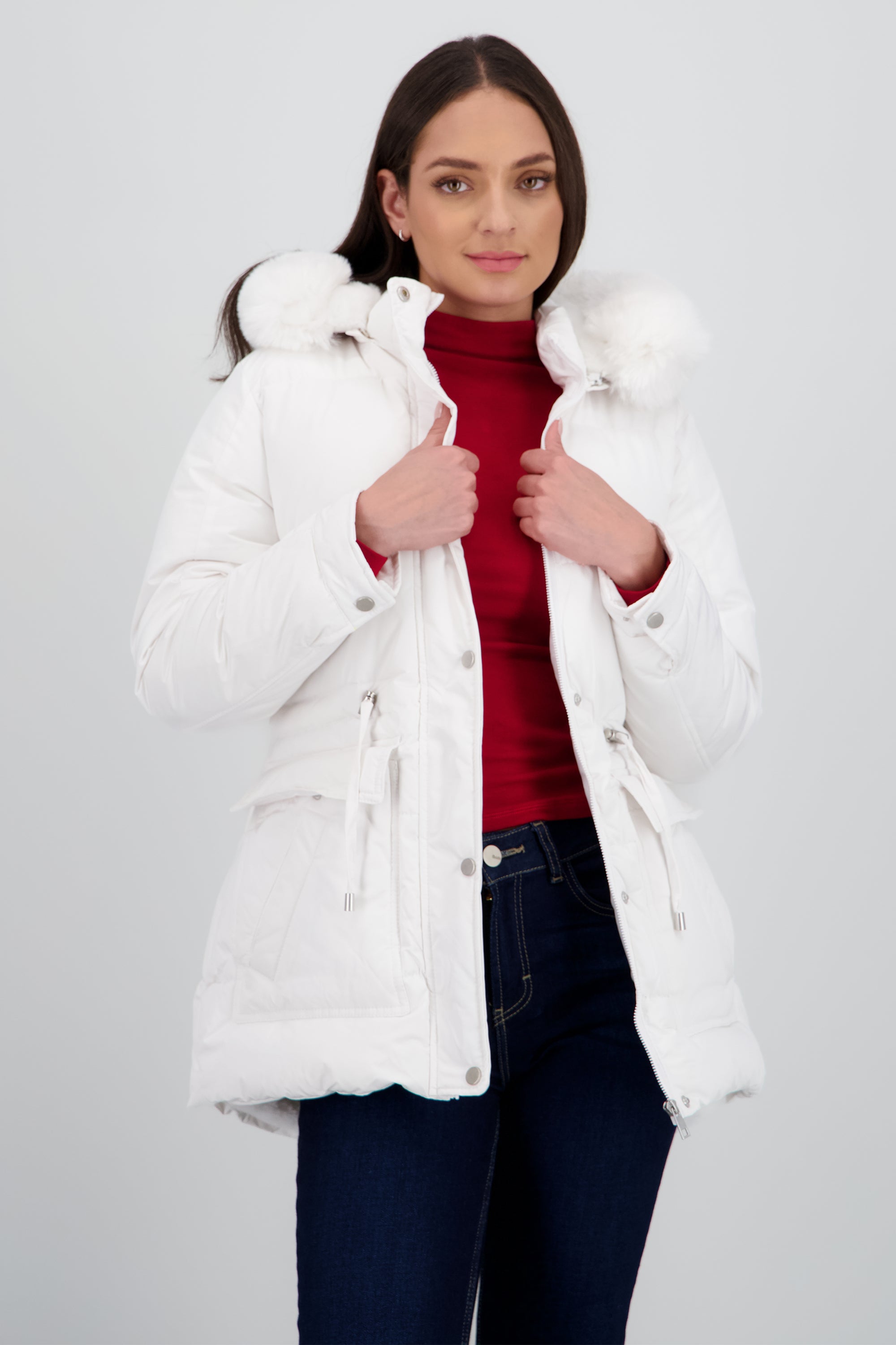 Chamarra puffer gorro pelo BLANCO