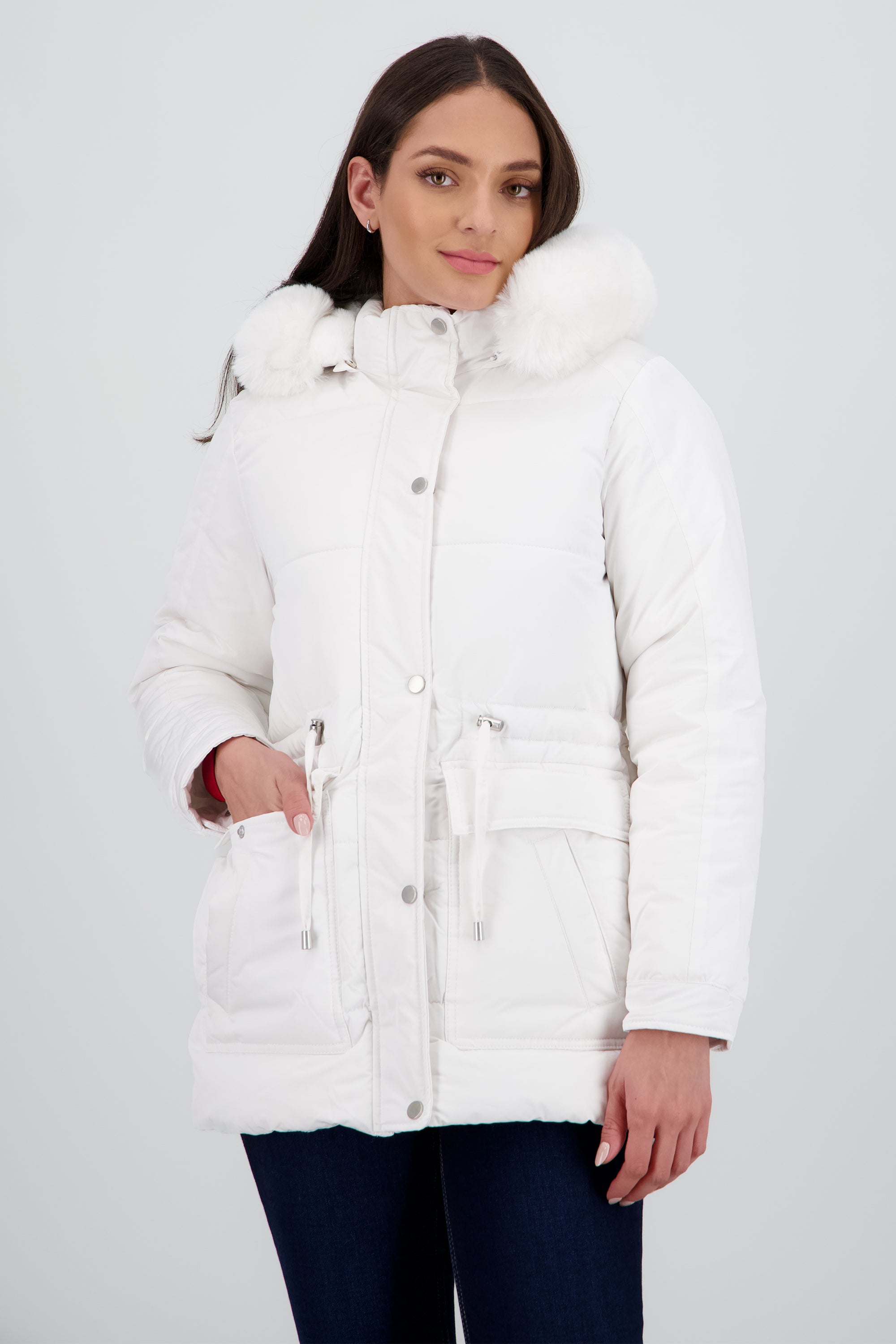 Chamarra puffer gorro pelo BLANCO