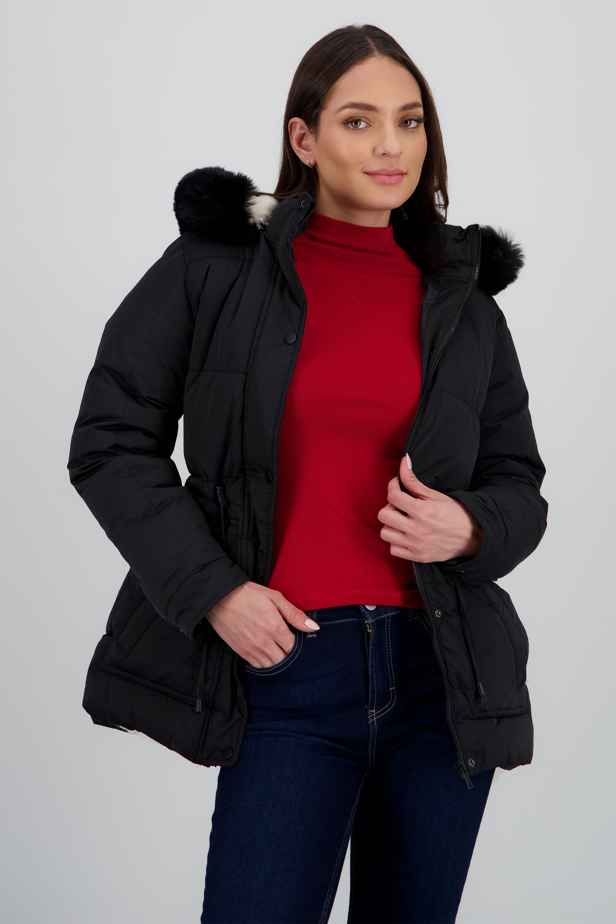 Chamarra puffer gorro pelo NEGRO