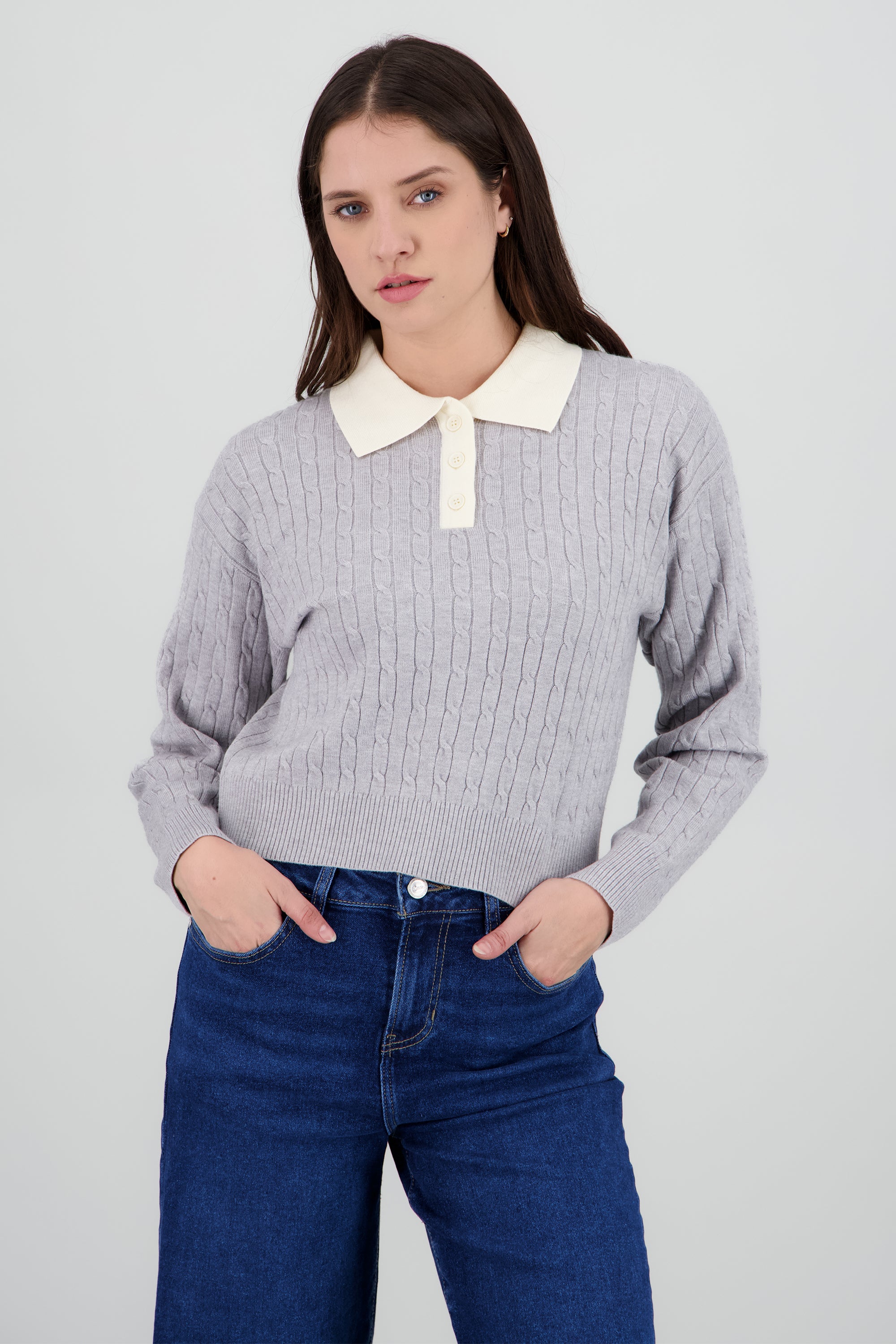 Sueter tipo polo con contraste en cuello GRIS JASPE