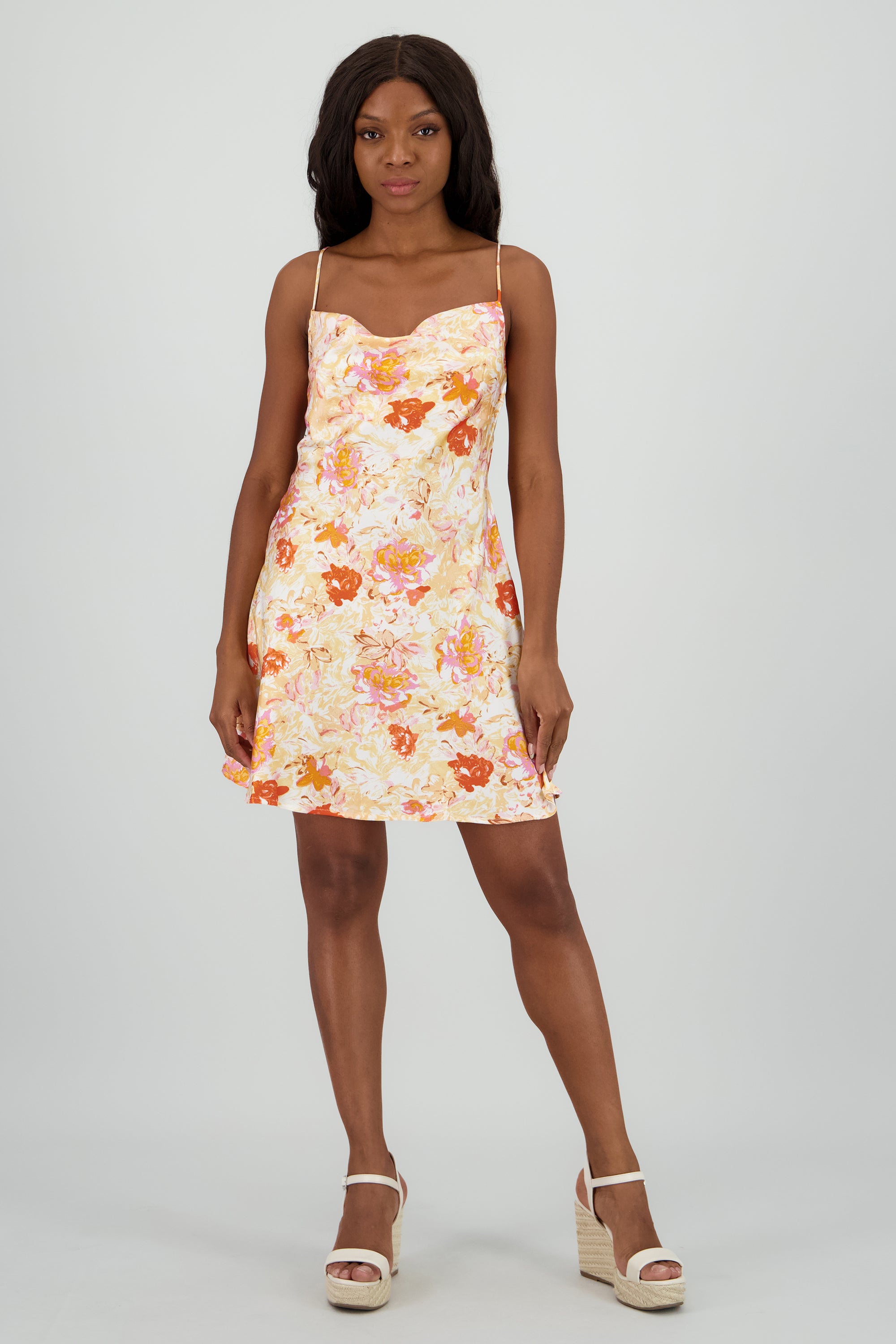 Vestido flores escote espalda NARANJA COMBO