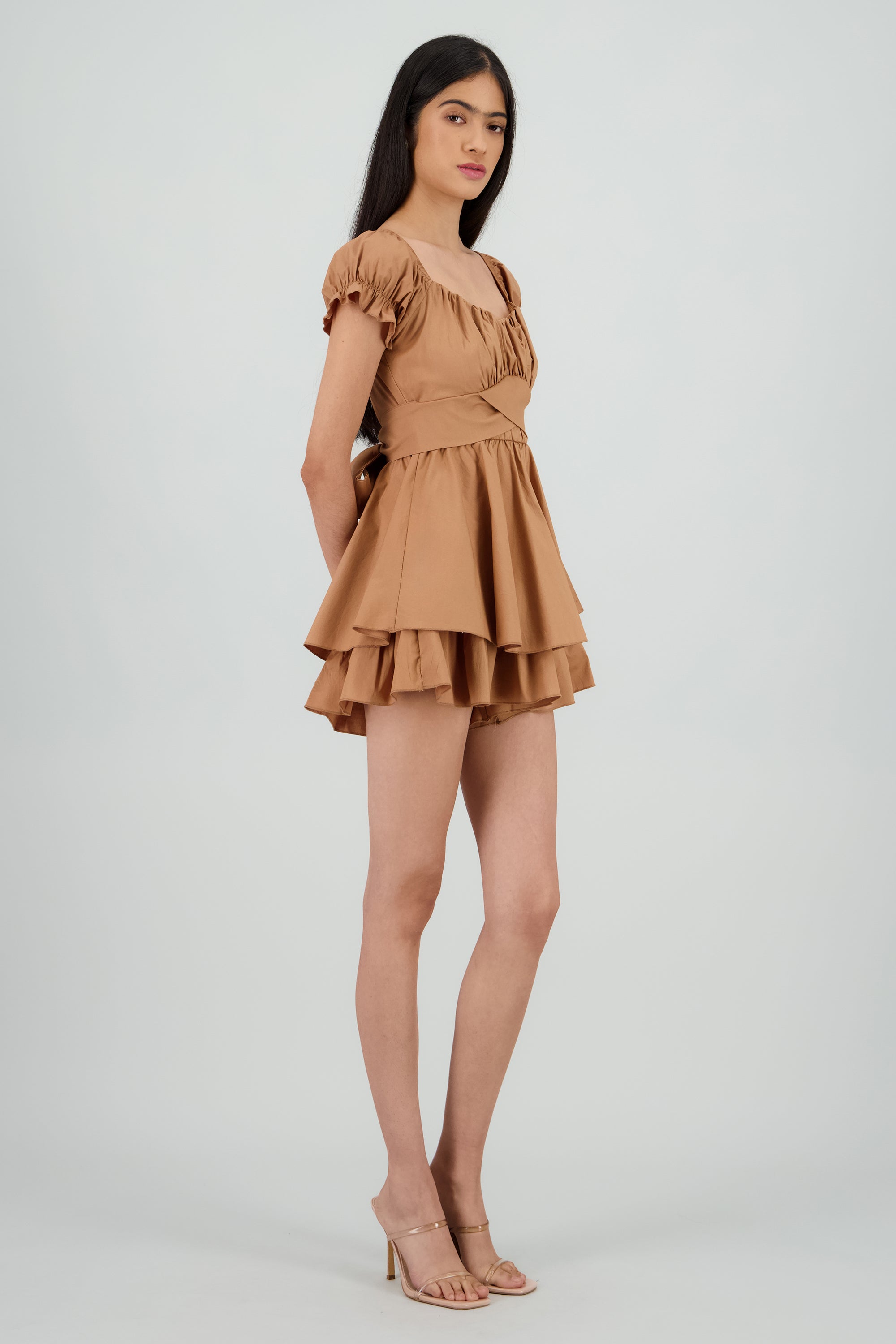 Vestido olanes manga corta CAMELLO