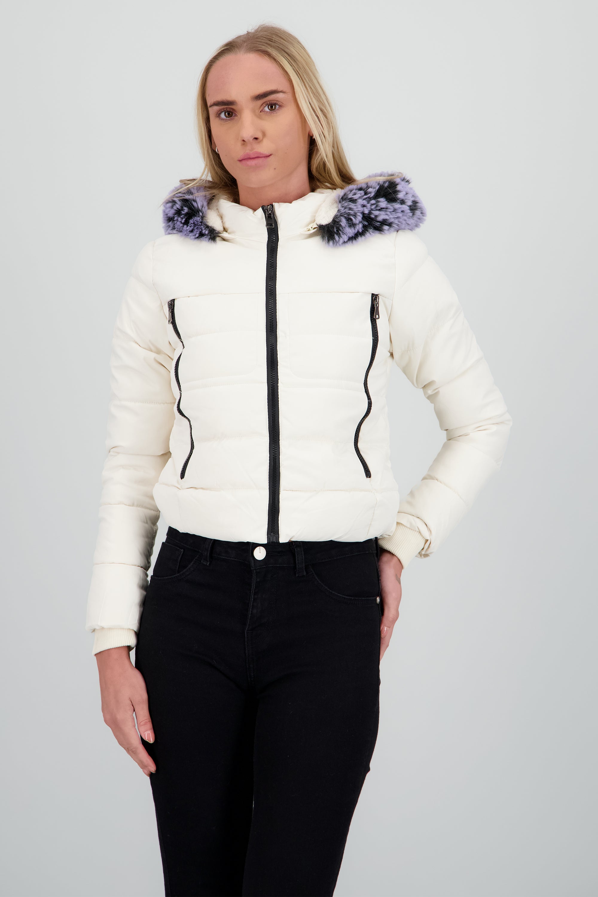 Chamarra puffer con gorro det cierres BEIGE