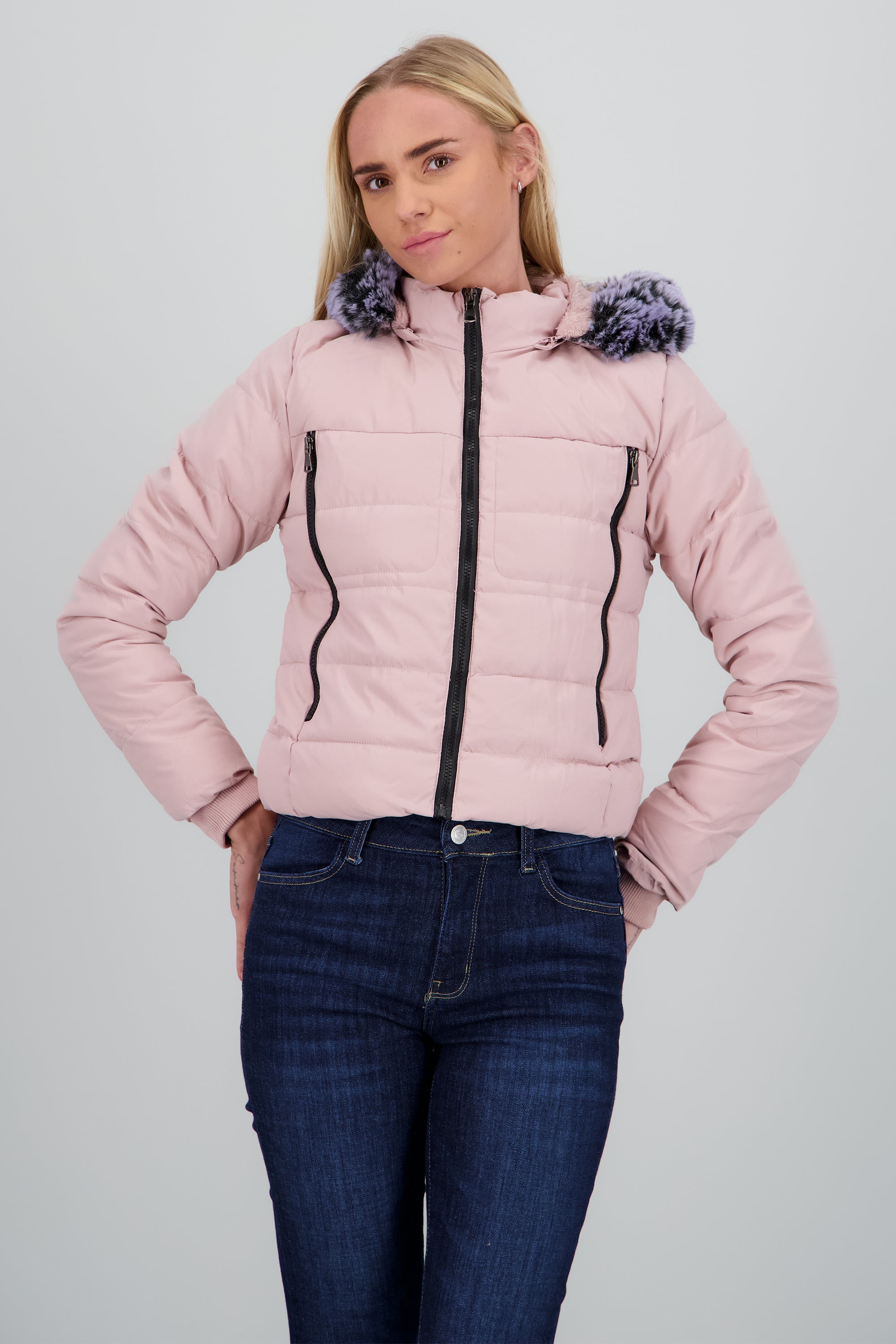 Chamarra puffer con gorro det cierres ROSA