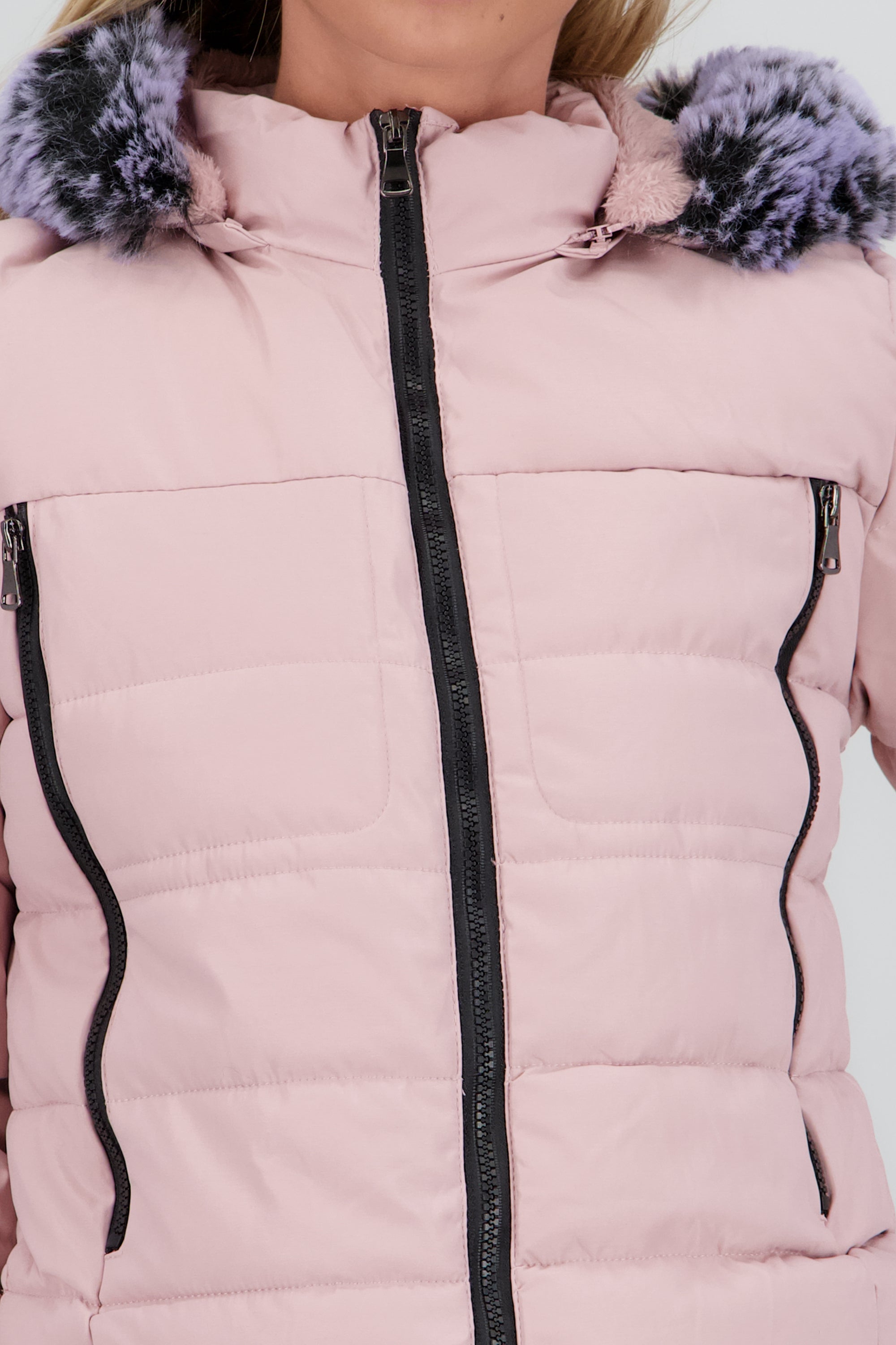 Chamarra puffer con gorro det cierres ROSA