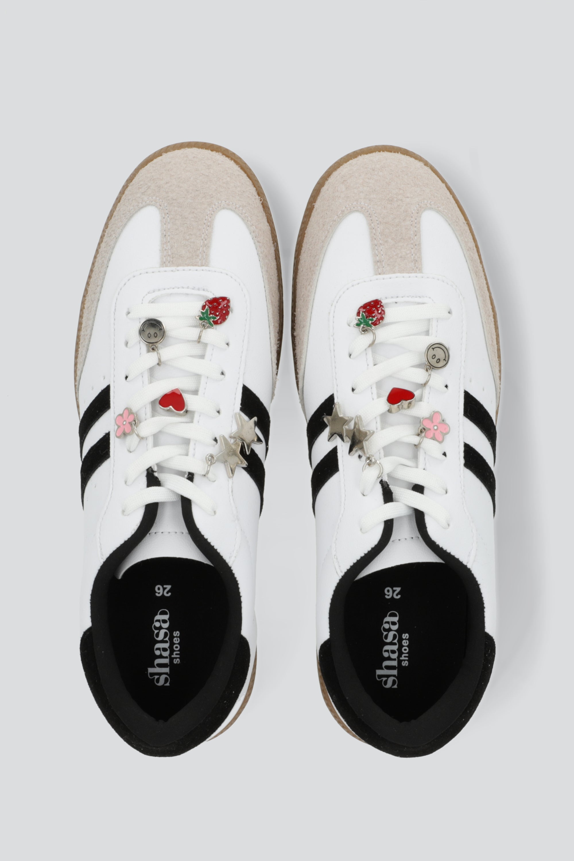 Tenis dos lineas punta durazno con charms NEGRO