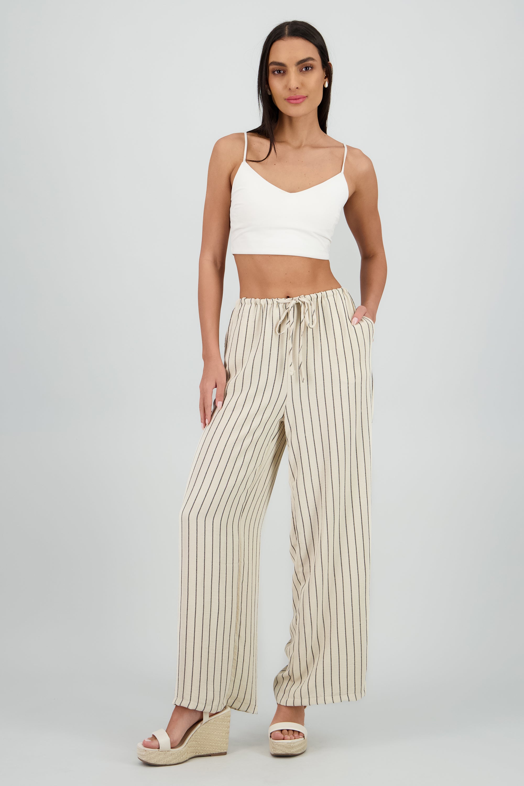 Pantalon fluido con jareta rayas HUESO COMBO